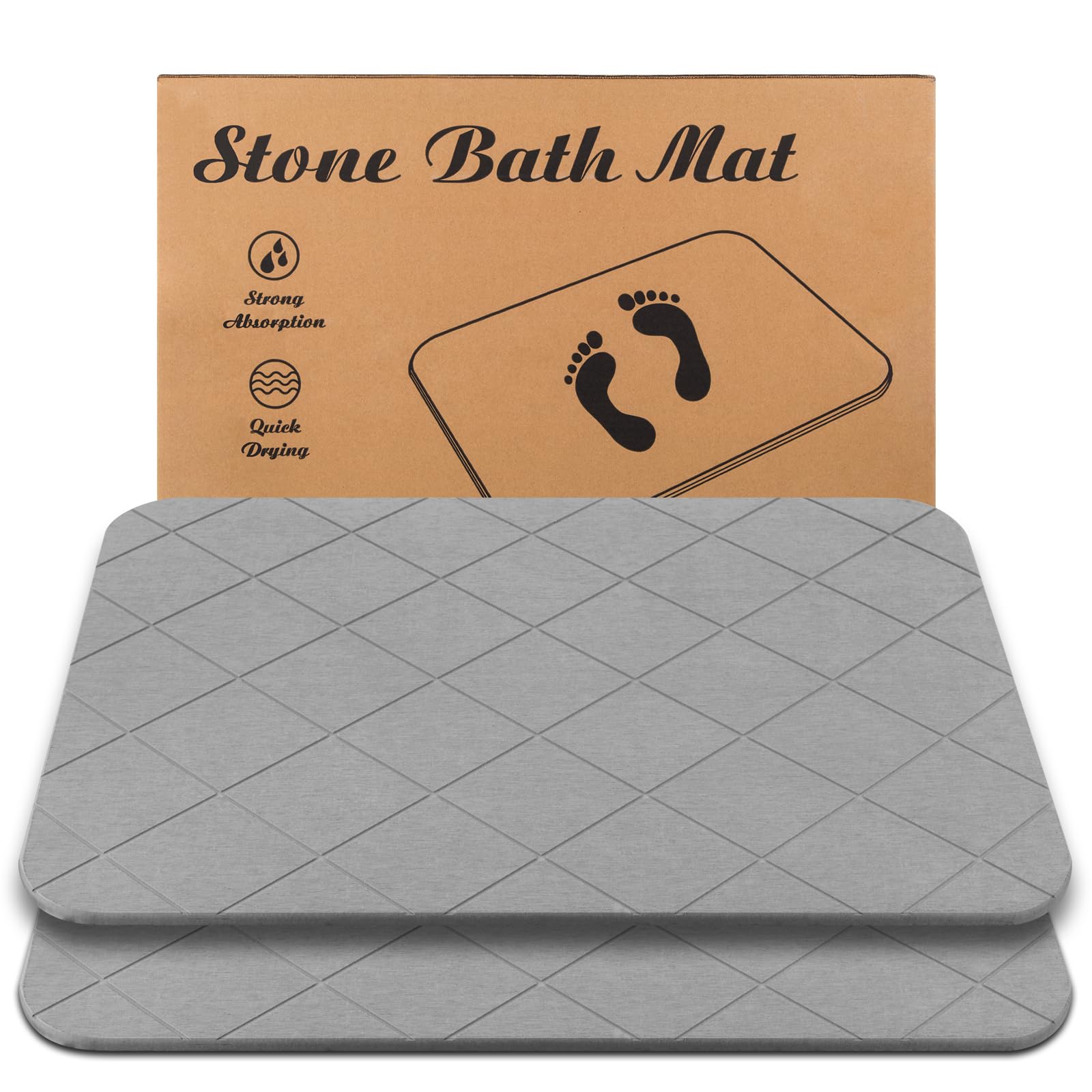 JIZEUO Stone Bath Mat, Diatomaceous Earth Shower Mat, Non-Slip Super Absorbent Quick Drying Bathroom Floor Mat, 2 Pack, Grey, Pa