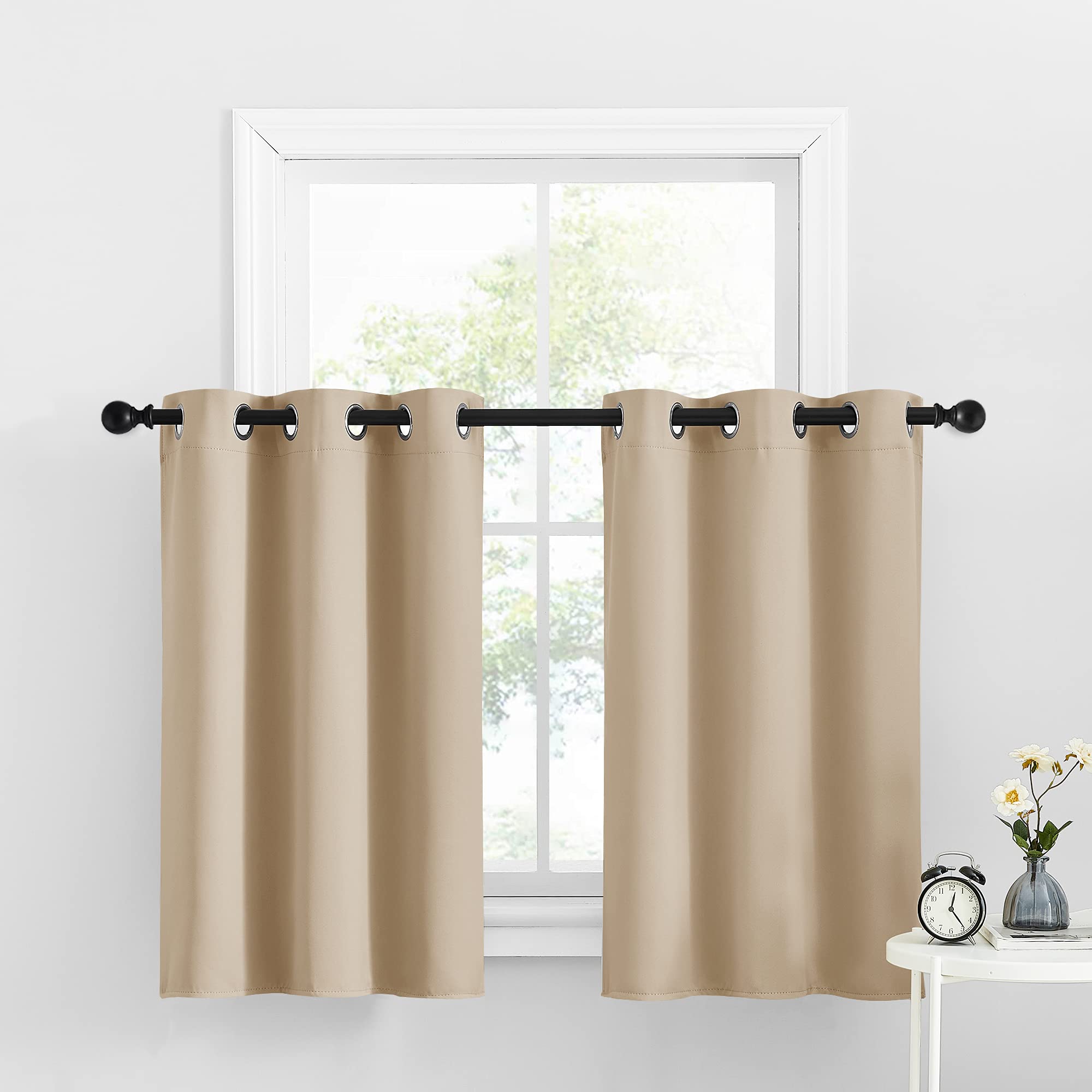 Nicetown Window Tiers Curtains For Kitchen, Farmhouse Grommet Top Solid Light Block Insulated Energy Saving For Cafe Window/Office, W 34 X L 36-Inch 1.2 Inches Header, Biscotti Beige, 2 Panels