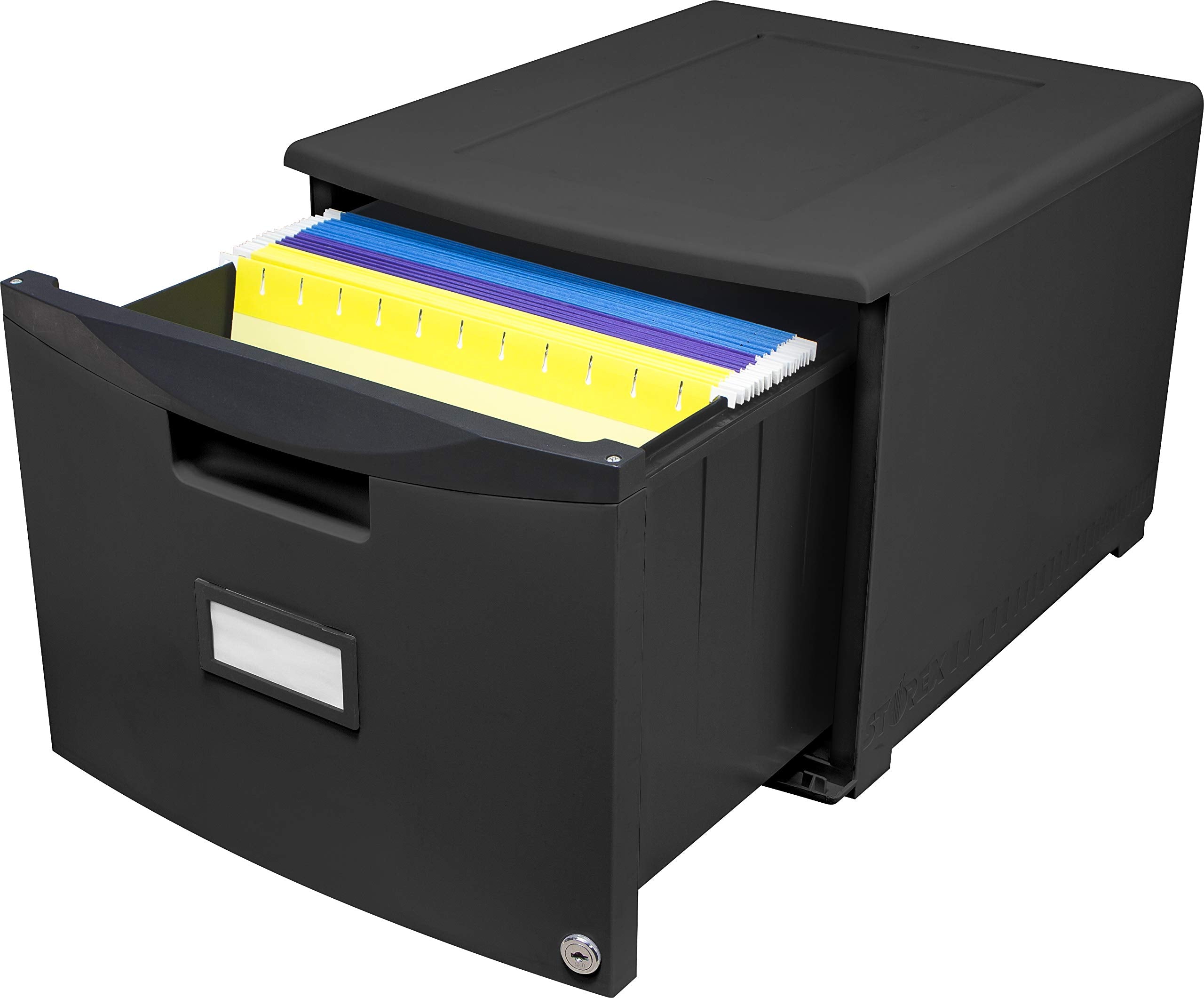 Storex Plastic One-Drawer File Cabinet – Locking Document Organizer for Home and Office, Black, 1-Pack (61265B01C)
