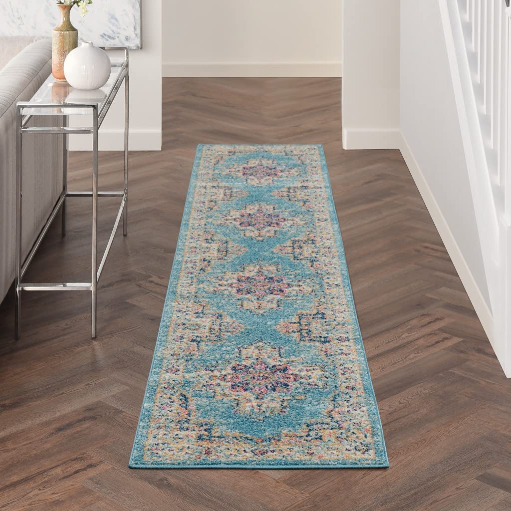 HomeRoots 100% Polypropylene 2’ x 10’ Light Blue Distressed Medallion Runner Rug