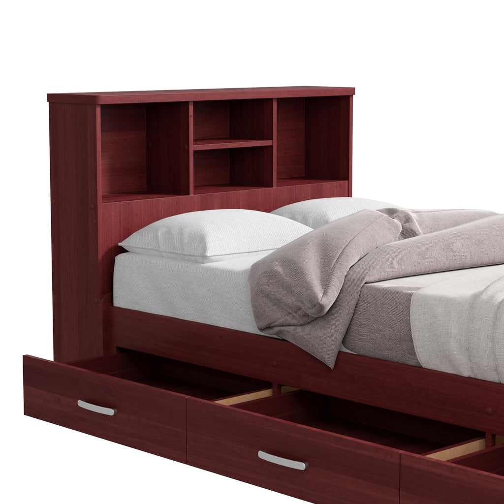 Bed with 3 Drawers and Bookcase Headboard (Mahogany, Twin)