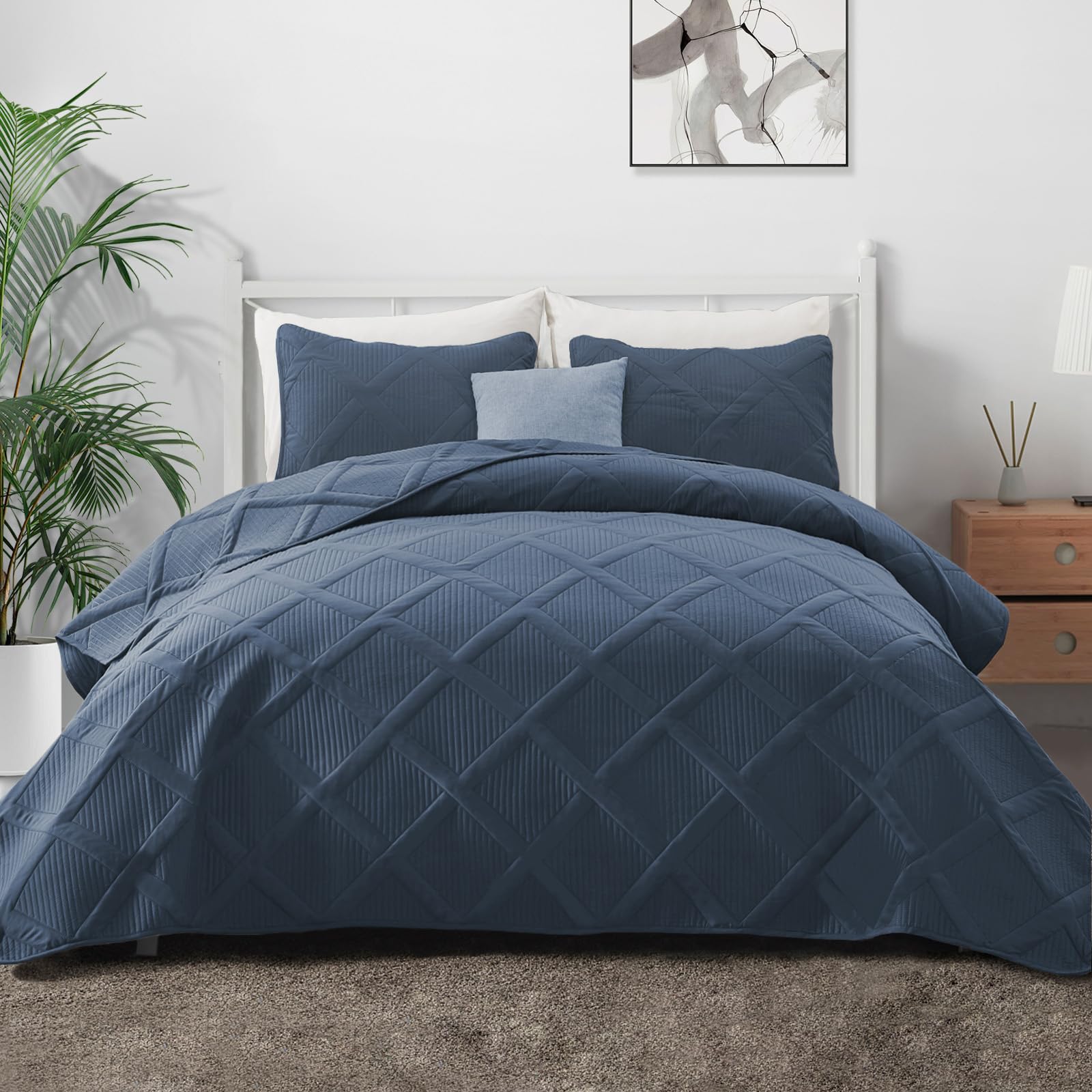 Exclusivo Mezcla Ultrasonic Twin/Twin Xl Quilt Set, 2 Pieces Navy Blue Quilt (68'X88') With 1 Pillow Sham, Lightweight Bedspre