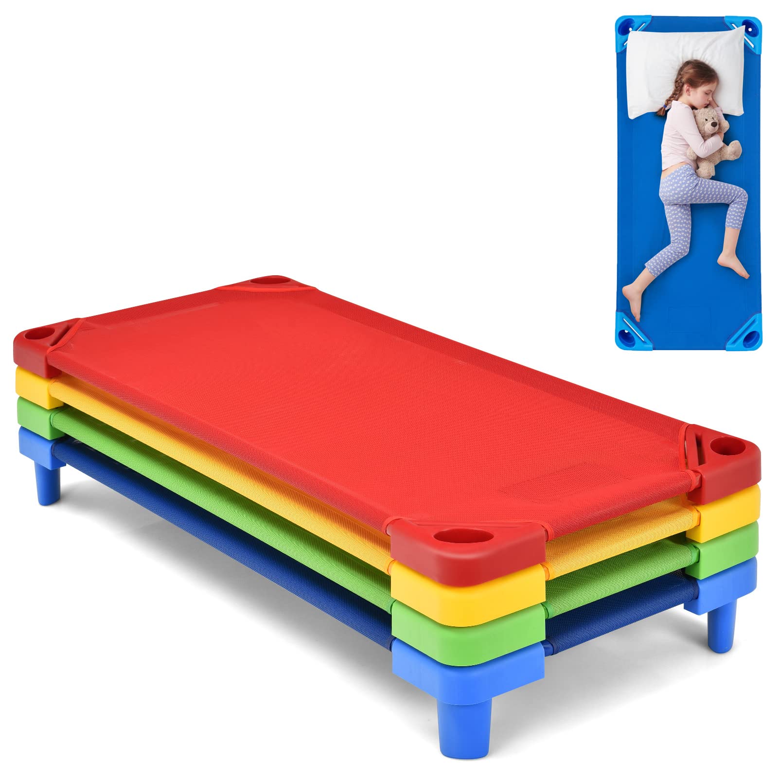 Kotek Toddler Naptime Cot, Stackable Daycare Sleeping Cot For Kids, 51' L X 23' W, Ready-To-Assemble, Space-Saving Kids Nap Cots For Children Classroom Preschool (Set Of 4, Multicolor)