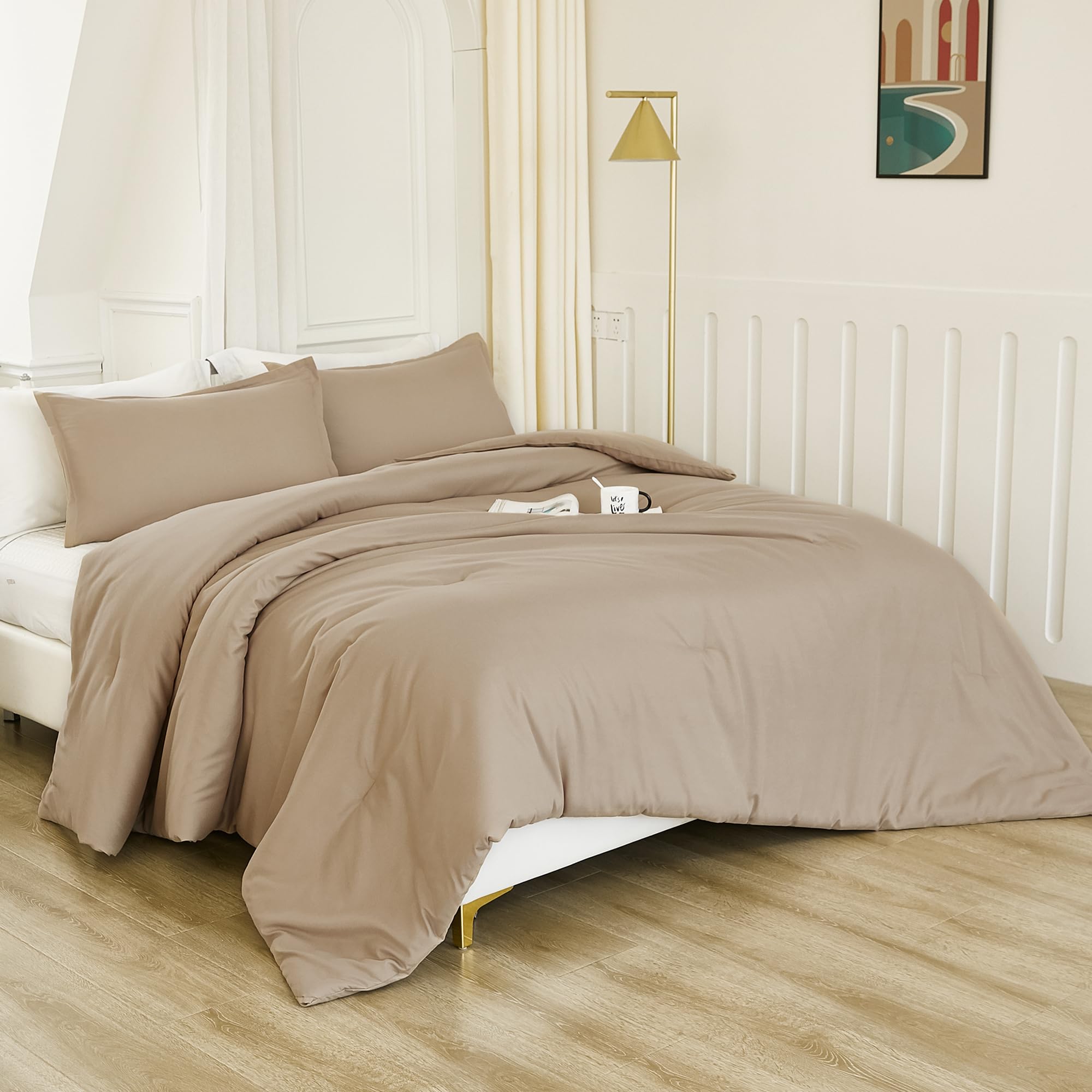 Litanika Comforters Taupe Oversized King Size, 3 Pieces Lightweight Solid Bedding Set & Collections, All Season Fluffy Bed Set (