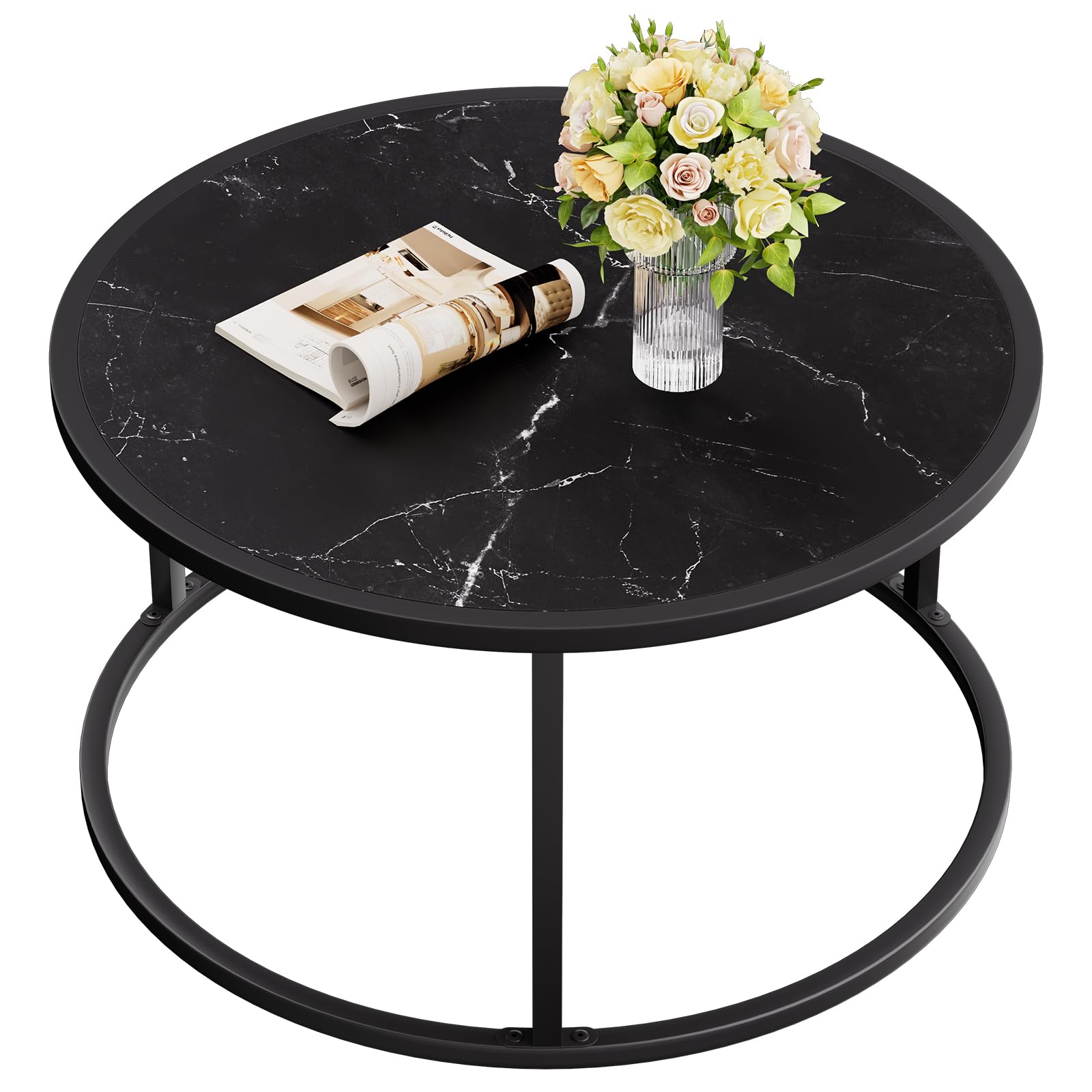 Saygoer Black Coffee Table Round Marble Coffeetables For Living Room Modern Small Center Table With Metal Frame, 27.6 * 27.6 * 17.7, Faux Marble