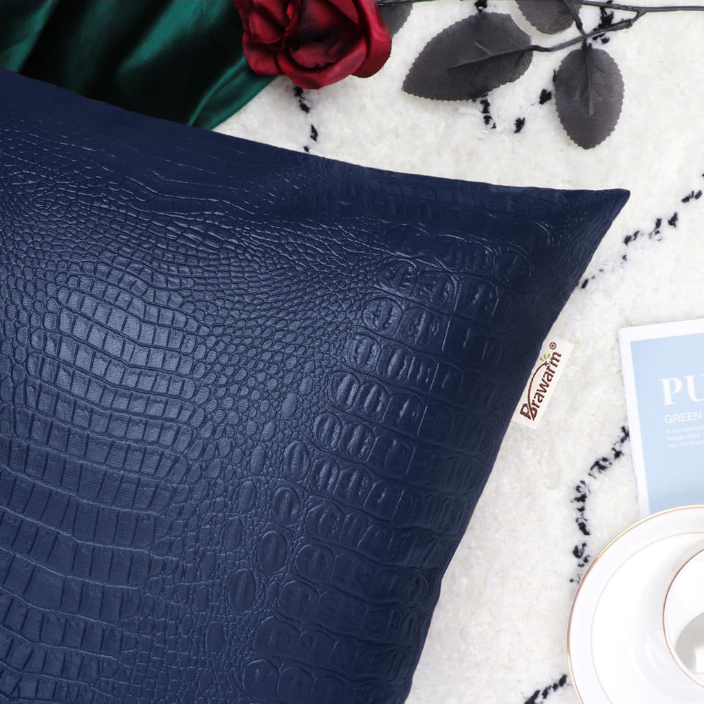 Brawarm Faux Leather Pillow Covers 16 X 16 Inches, Navy Blue Leather Pillow Covers Pack Of 2, Crocodile Leather Decorative Throw