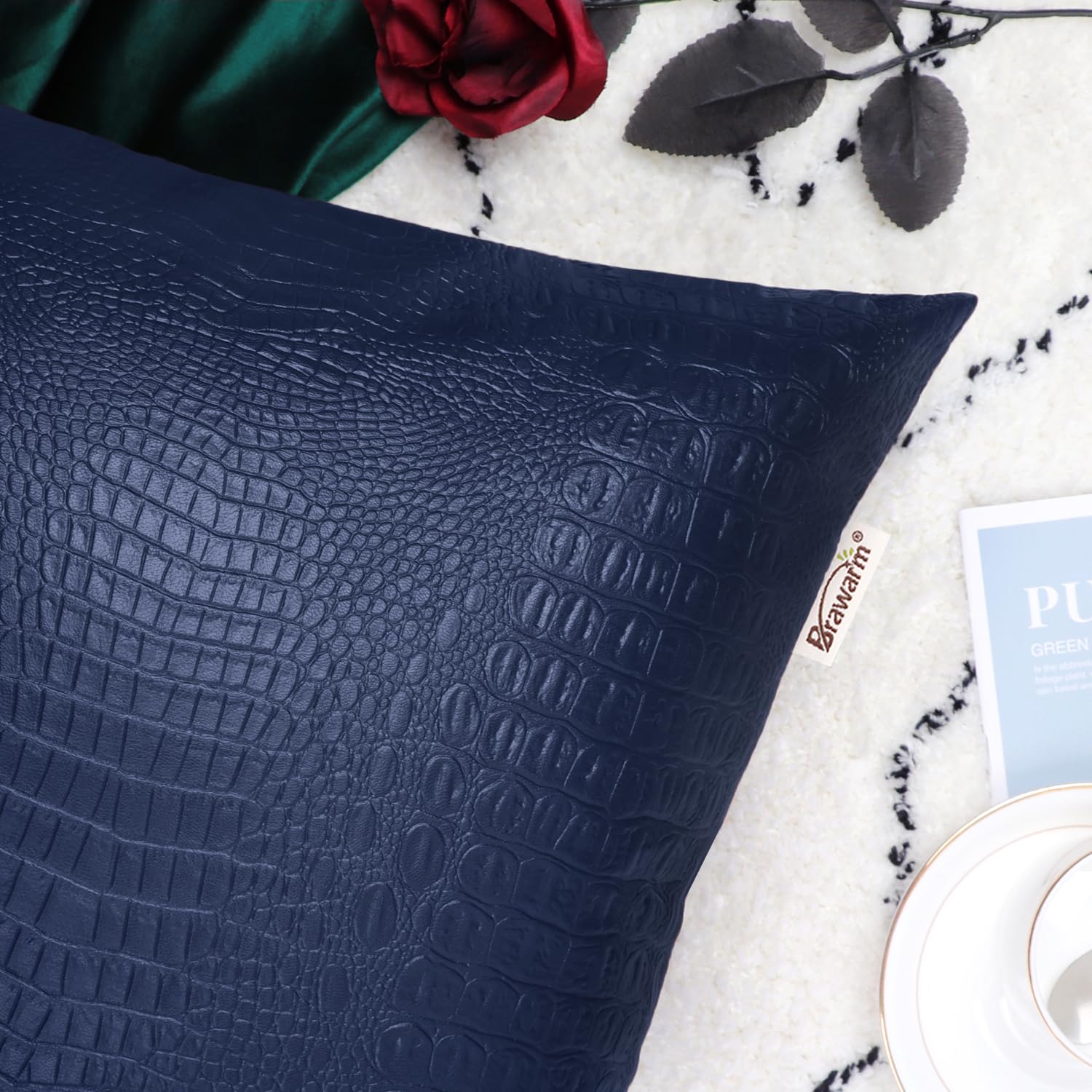 Brawarm Faux Leather Pillow Covers 16 X 16 Inches, Navy Blue Leather Pillow Covers Pack Of 2, Crocodile Leather Decorative Throw