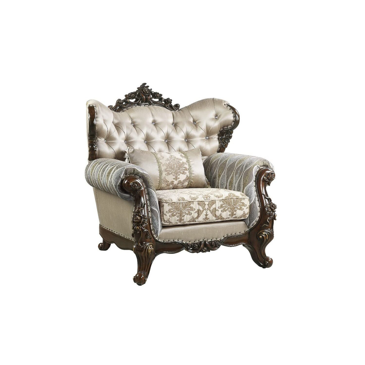 Acme Benbek Fabric Chair with Pillow in Taupe and Antique Oak