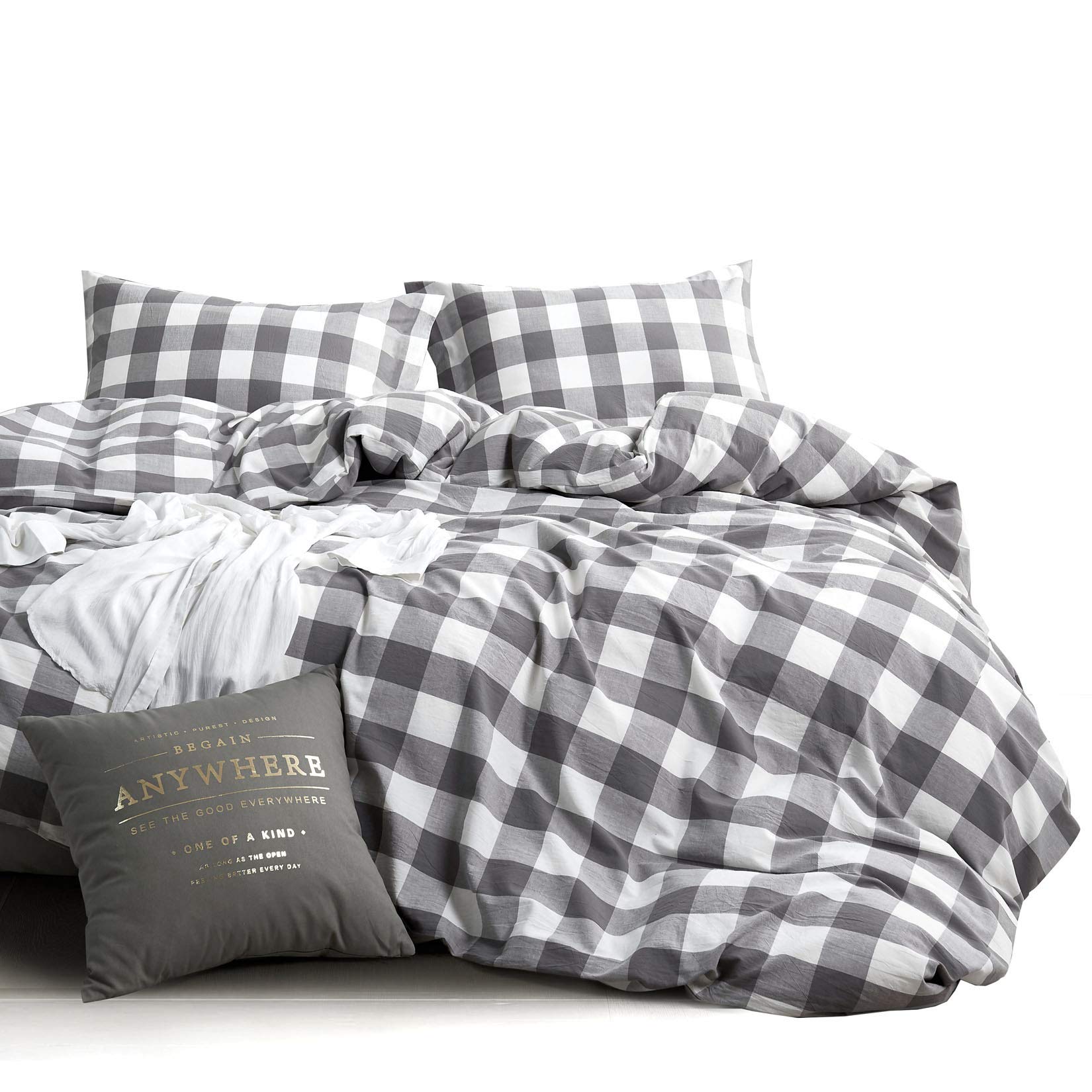 Wake In Cloud - Washed Cotton Duvet Cover Set, Buffalo Check Gingham Plaid Geometric Checker Pattern Printed In Gray Grey And Wh