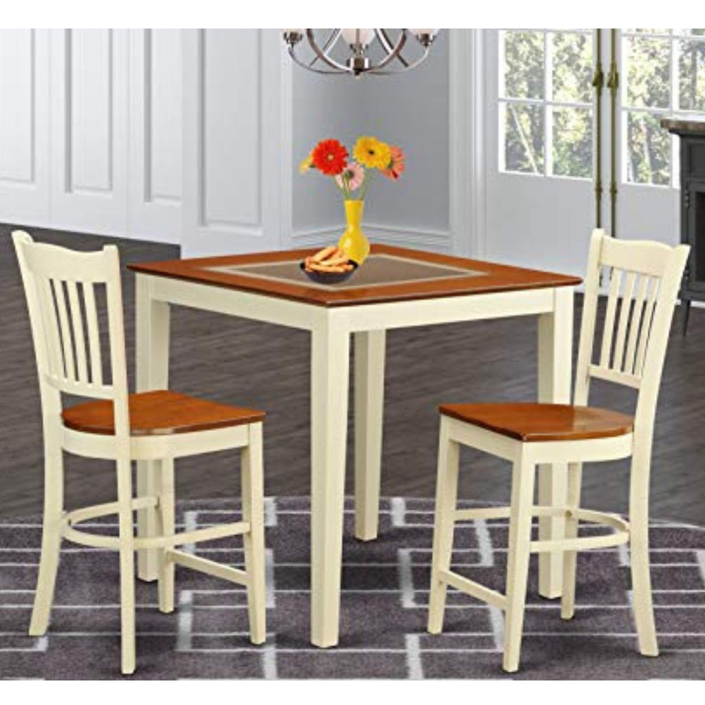 East West Furniture VNGR3-WHI-W 3 Piece Counter Height Dining Set for Small Spaces Contains a Square Kitchen Table and 2 Dining Room Chairs, 36x36 Inch, Buttermilk & Cherry
