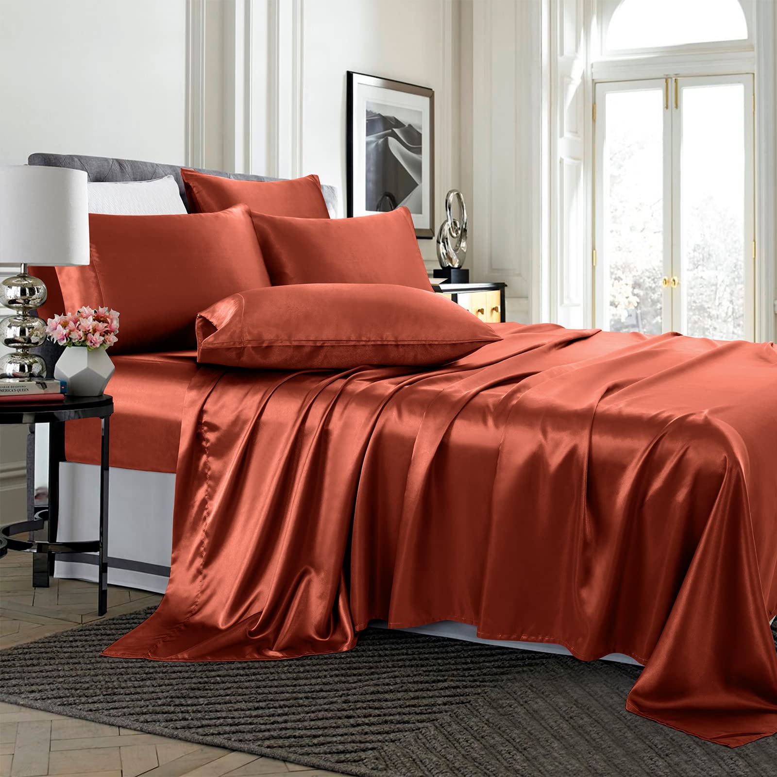 Treely 6 Piece Satin Sheets Full Size Silky Smooth Orange Rust Satin Sheet Set With Deep Pocket, Satin Fitted Sheet, Flat Sheet,
