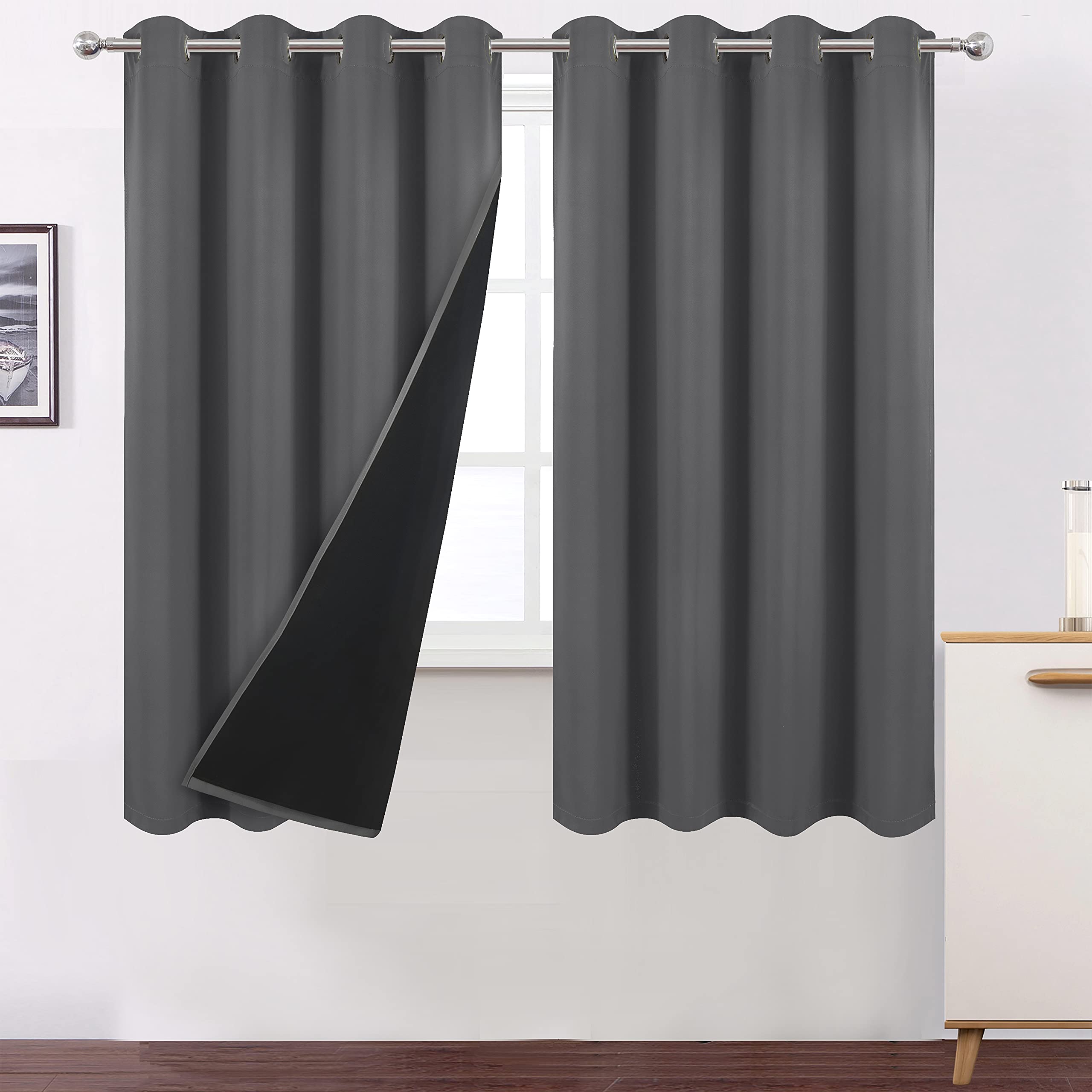 Lemomo 100% Blackout Grey Curtains 52 X 63 Inch Long Set Of 2 Panels Bedroom Curtains For Living Room Thermal Insulated Room Dar