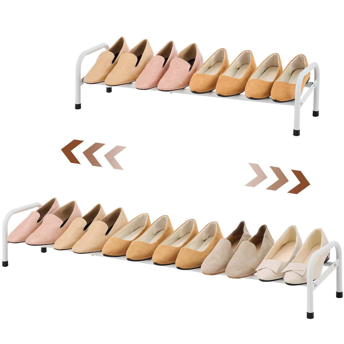 Gewudraw 1-Tier Shoe Rack Expandable, Width Adjustable Shoe Shelf Storage Organizer, 41.53'' Metal Standing Shoe Rack For Bedroom Entryway Closet, Holds Up To 6 Pairs Shoes, White
