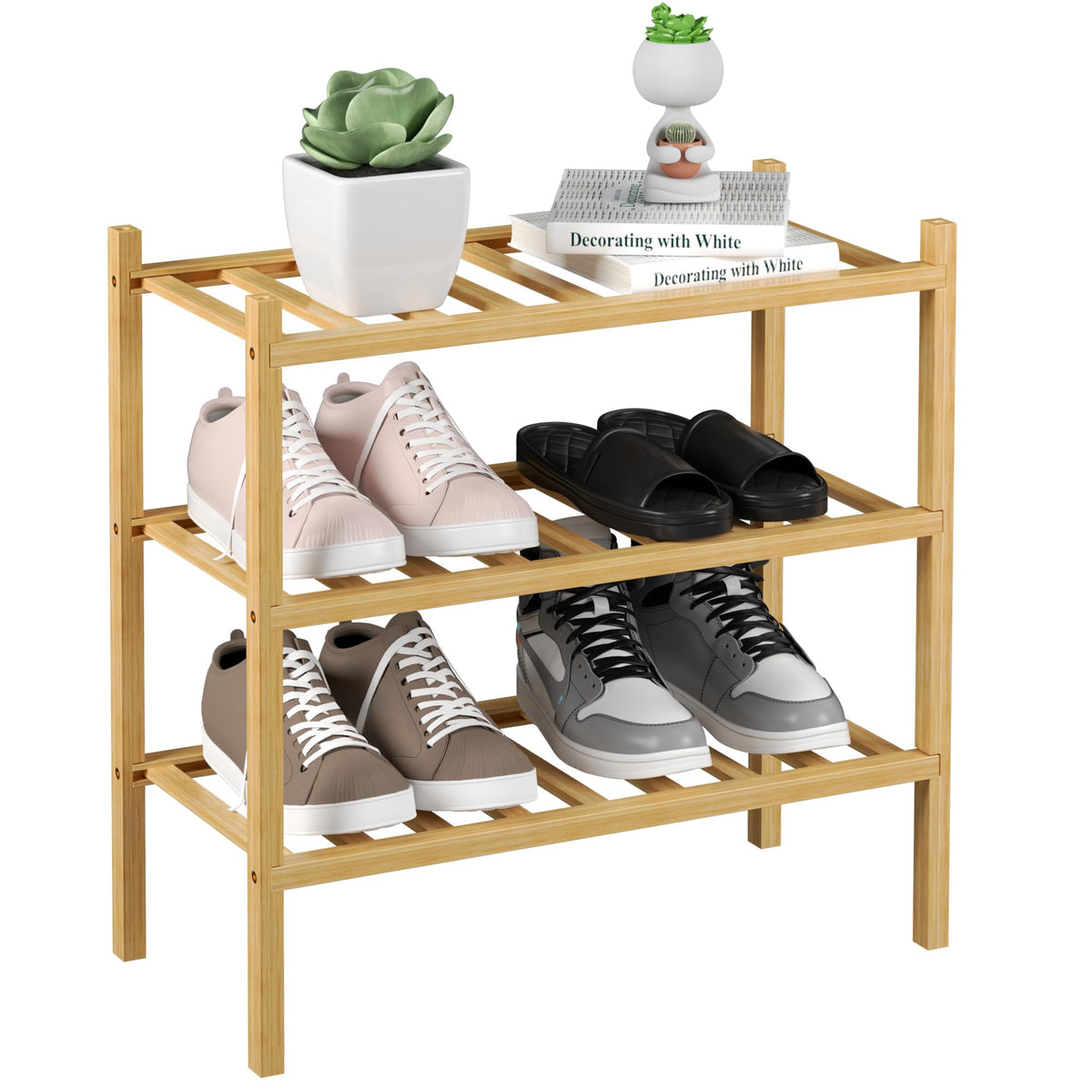 Romguar Craft 3-Tier Bamboo Small Shoe Rack, Free Standing Wood Shoe Shelf Storage Organizer For Closet Entryway Stackable (Natural)