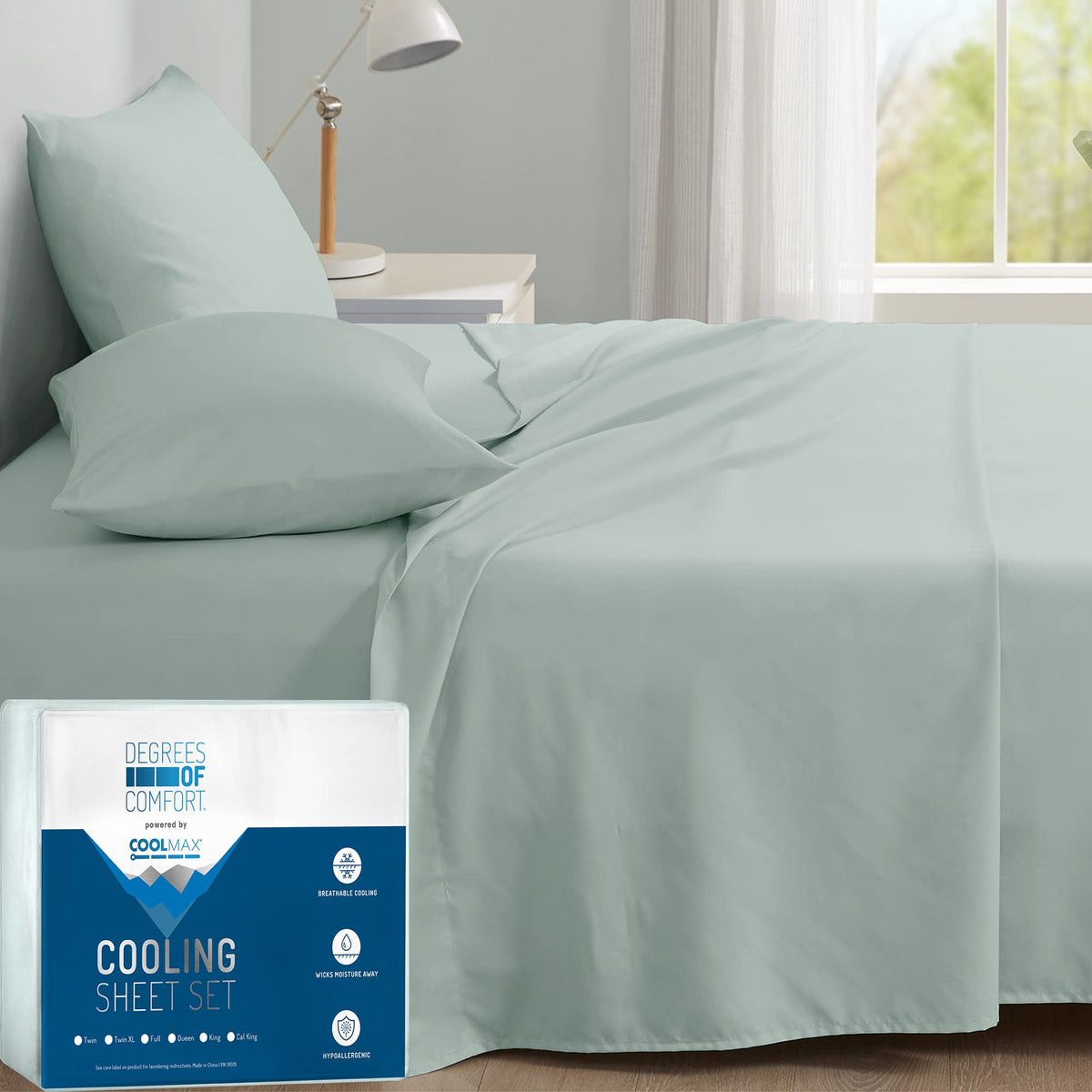 Degrees Of Comfort Coolmax Cooling California King Sheet Sets | Best Sheet Set For Hot Sleepers | Soft, Deep Pocket, Mint, 4-Pcs