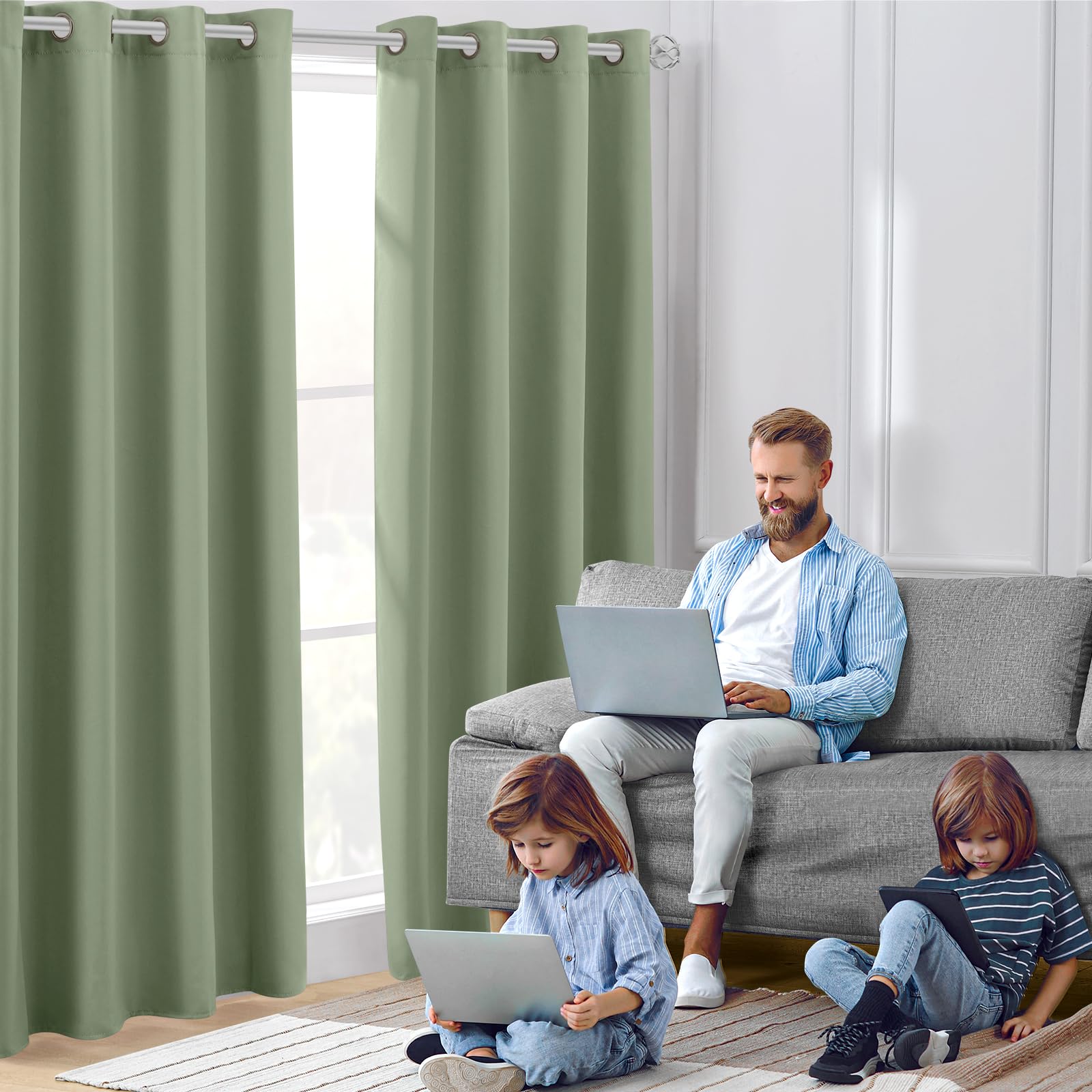 Homeideas Sage Green Blackout Curtains For Bedroom 52 X 63 Inch Length 2 Panels Set Room Darkening Bedroom Curtains, Soundproof