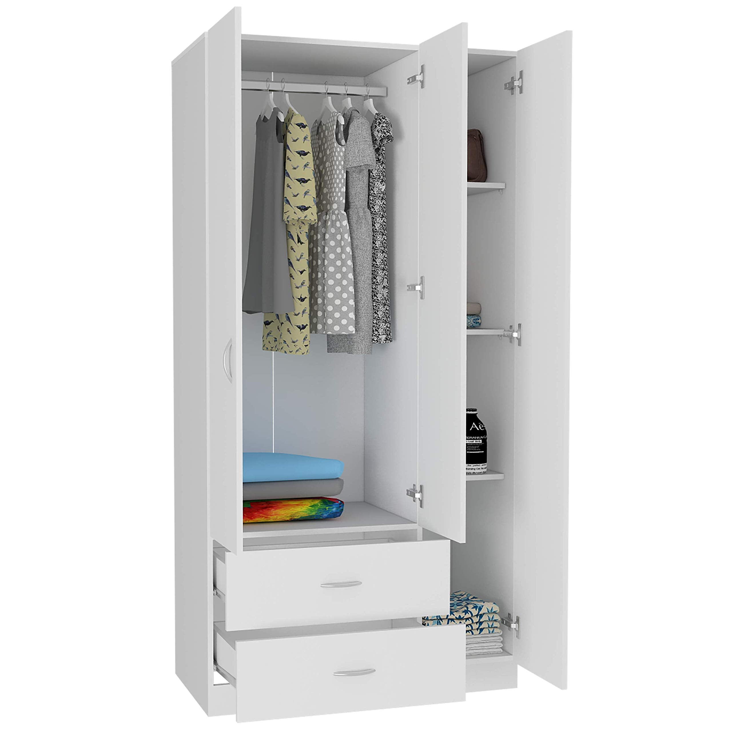 DEPOT E-SHOP Bosko 3 Doors Armoire, 2 Drawers, Metal Rod, Four Shelves, White