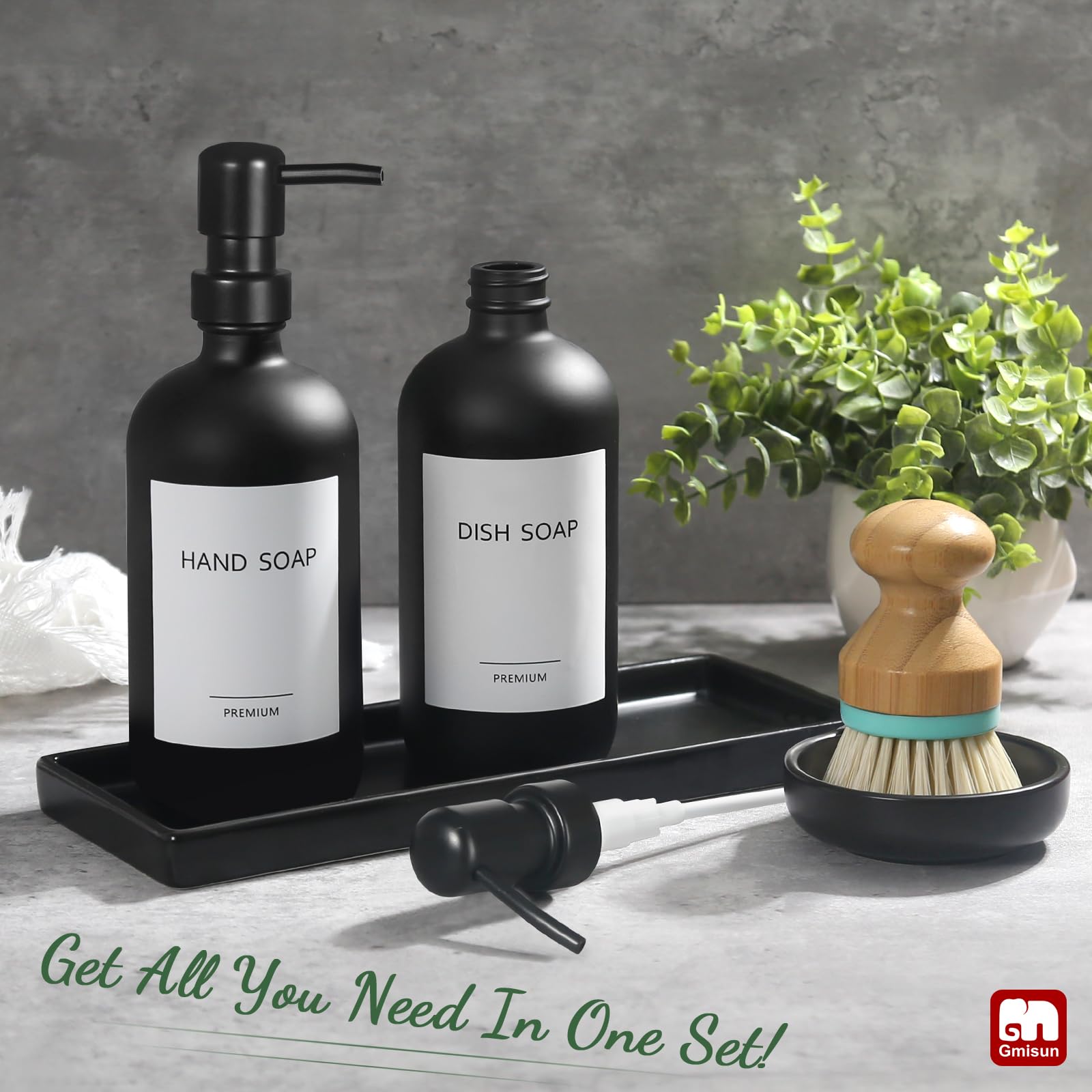 Gmisun Kitchen Soap Dispenser Set, 16 Oz Hand And Dish Soap Dispenser With Ceramic Tray & Bamboo Dish Brush, 2 Pack Matte Black
