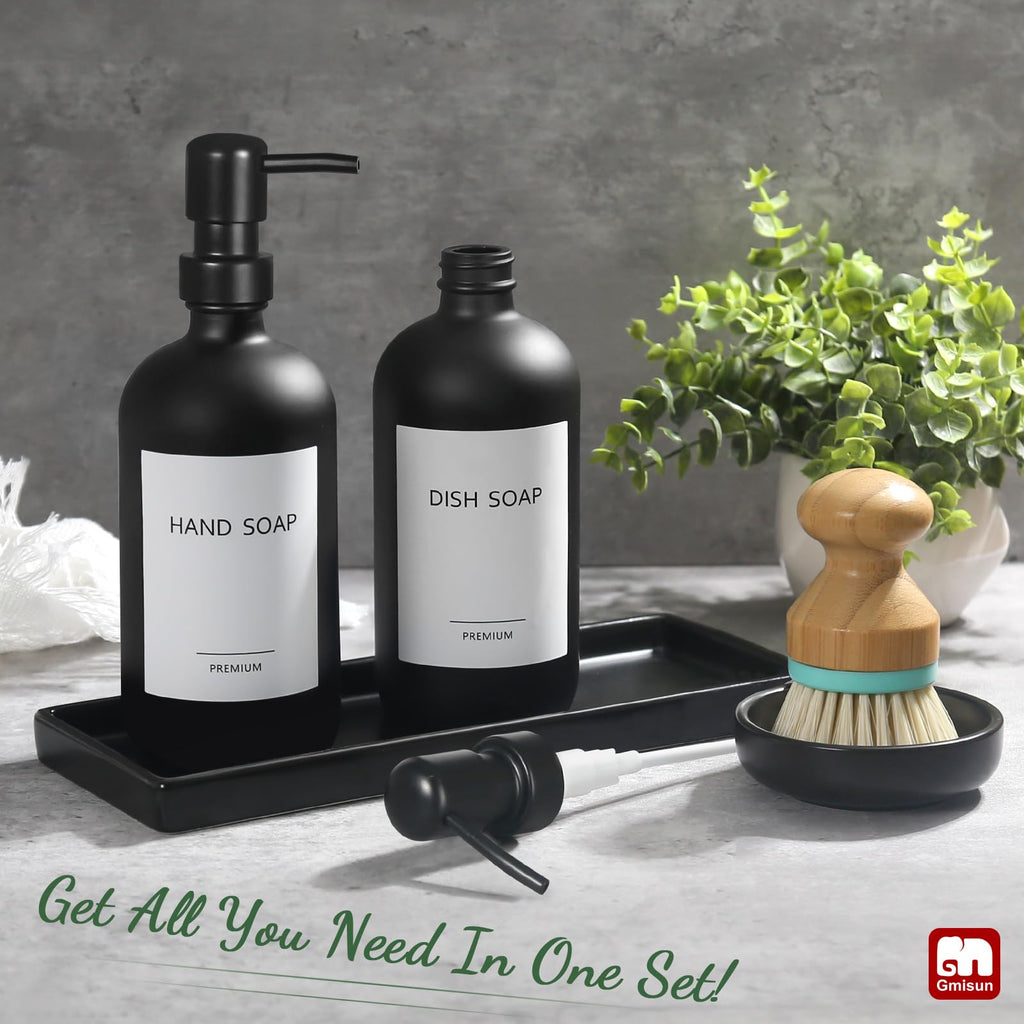 Gmisun Kitchen Soap Dispenser Set, 16 Oz Hand And Dish Soap Dispenser With Ceramic Tray & Bamboo Dish Brush, 2 Pack Matte Black