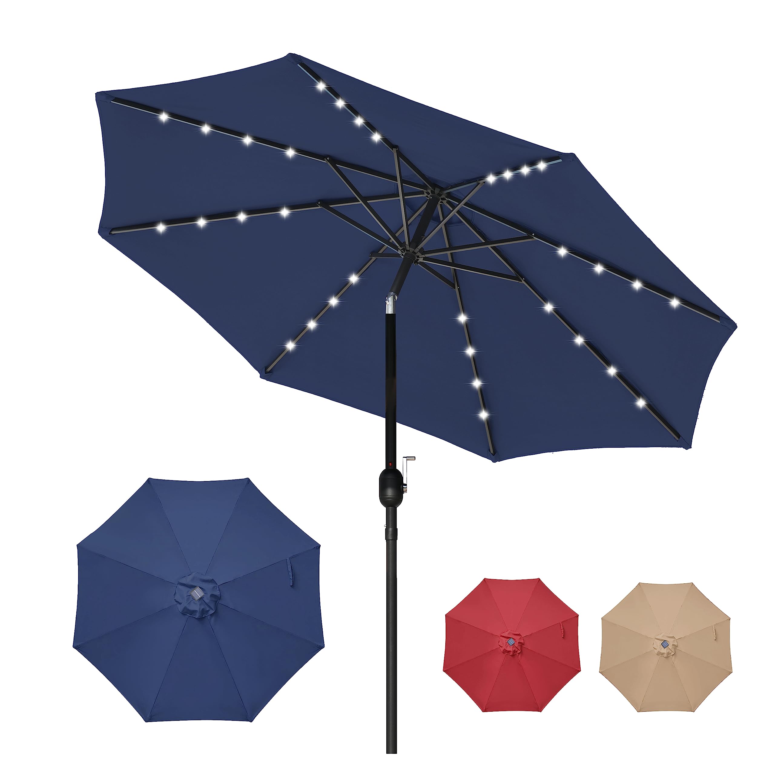 Yssoa 9' Solar Umbrella 32 Led Lighted Patio Umbrella Table Market Umbrellas With Push Button Tilt/Crank Outdoor For Garden, Dec