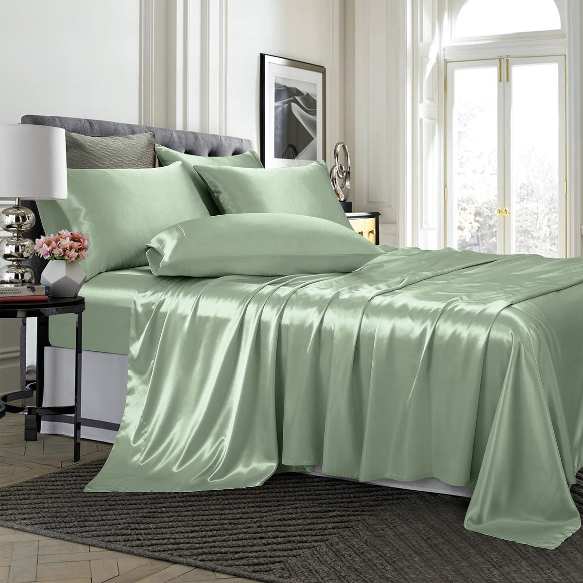 Treely 6 Piece Satin Sheets King Size Silky Smooth Sage Green Satin Sheet Set With Deep Pocket, Satin Fitted Sheet, Flat Sheet,