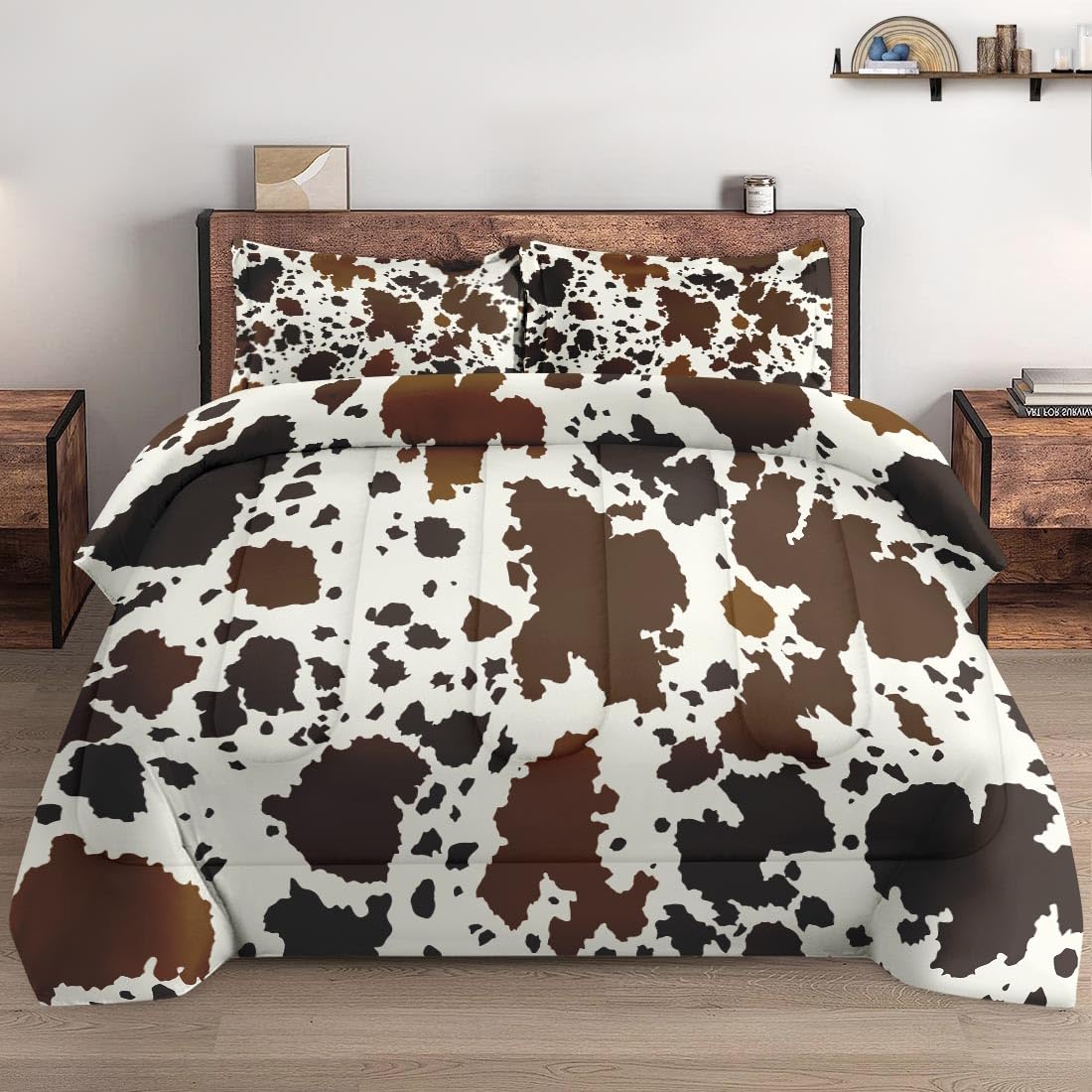 Wecozy 3 Pcs Full Size Comforter Set With 2 Pillowcases, Vintage Cow Brown Cowhide Animal Soft Bedding Set For Kids And Adults B