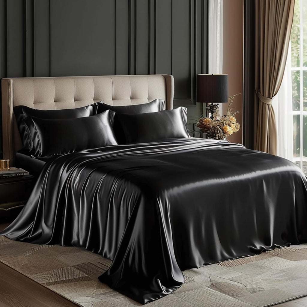 Love'S Cabin Twin Xl Satin Sheet Sets - 3 Piece Black Silky Satin Bed Sheets With Deep Pockets, Luxury Silk Feel Satin Sheet Set Twin Xl (1 Flat Sheet,1 Fitted Sheet,1 Pillow Case)