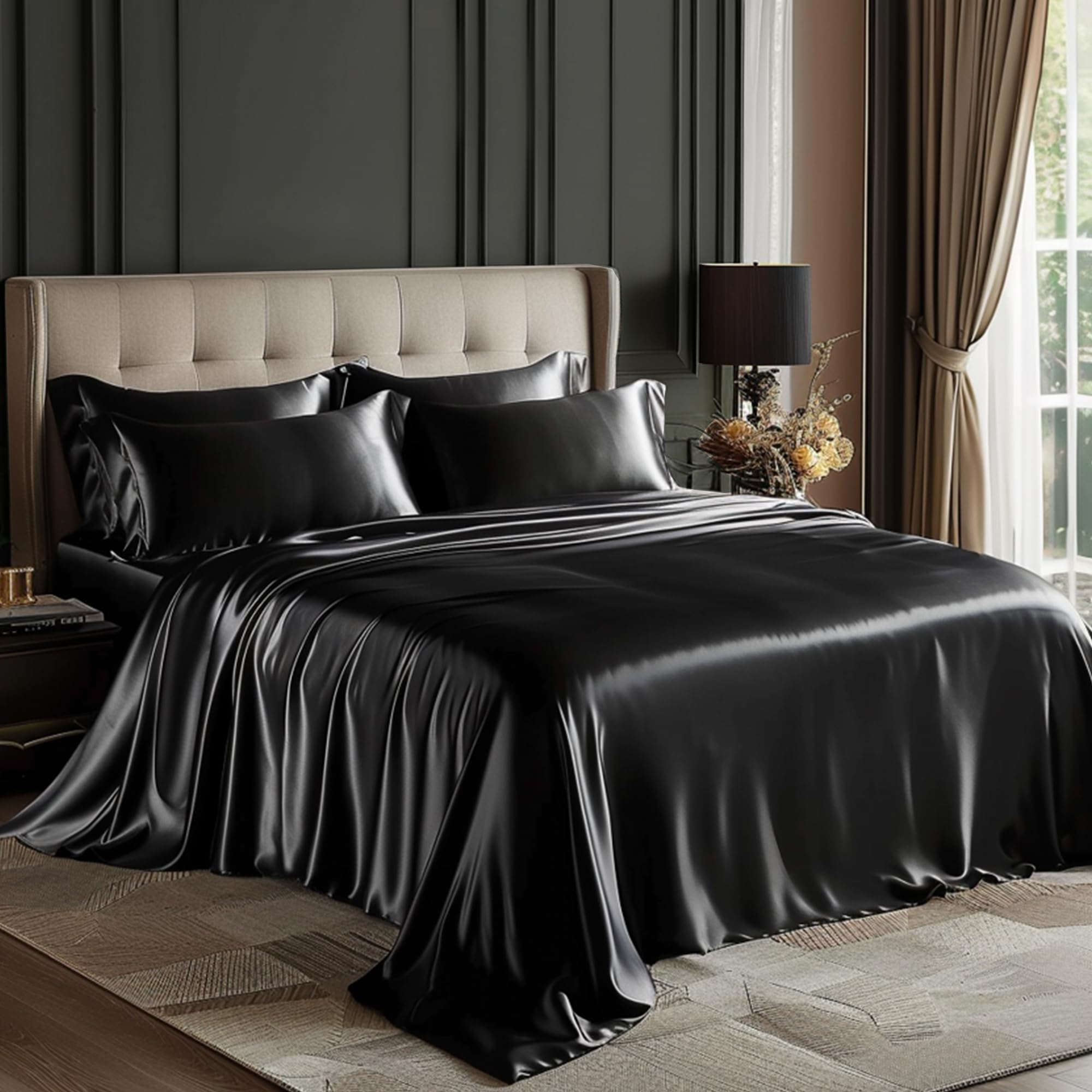 Love'S Cabin California King Satin Sheet Sets - 4 Piece Black Silky Satin Sheets Bed Set With Deep Pocket, Luxury Silk Feel Satin Cal King Sheet Set (1 Flat Sheet,1 Fitted Sheet,2 Pillow Cases)