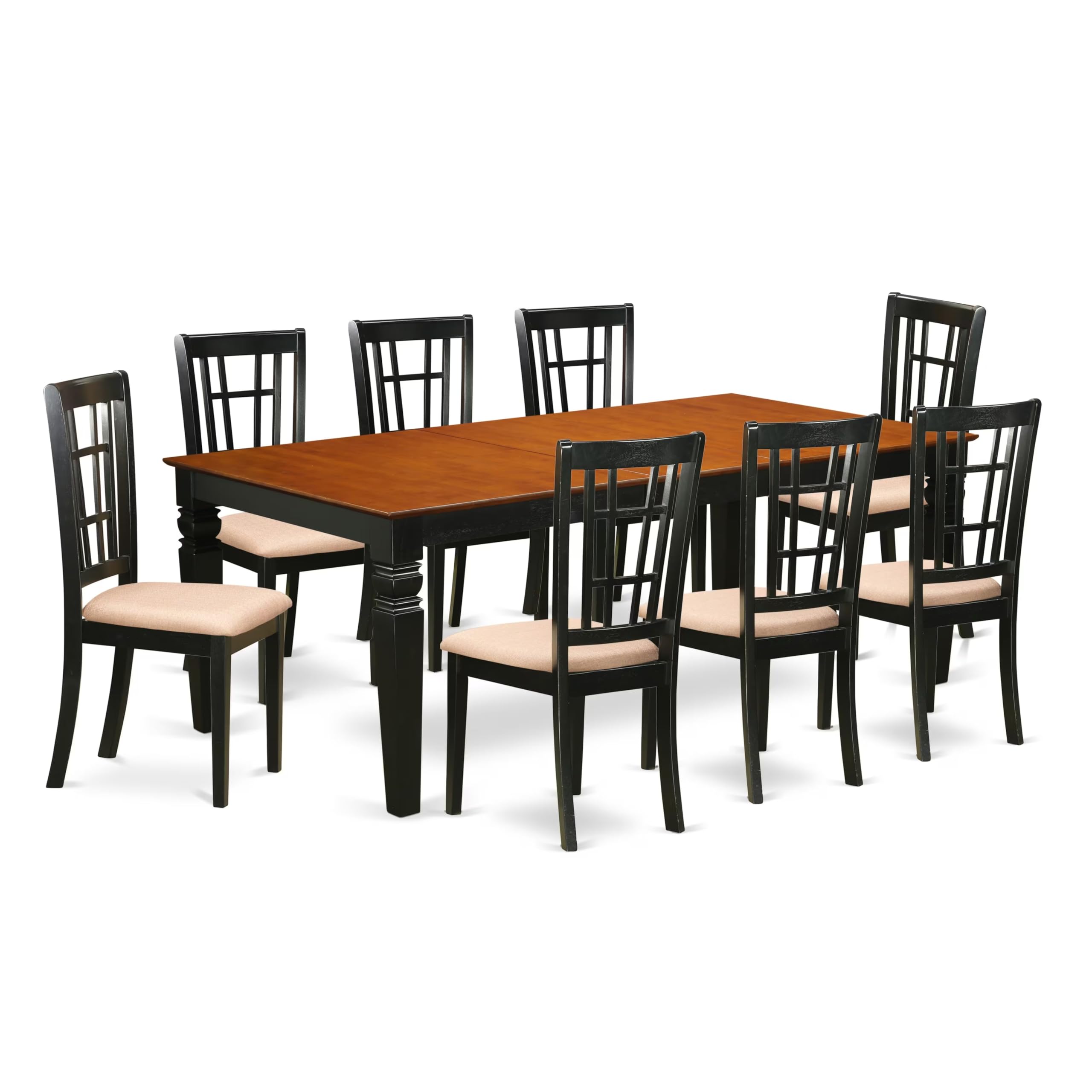 East West Furniture LGNI9-BCH-C 9 Piece Dining Table Set Includes a Rectangle Wooden Table with Butterfly Leaf and 8 Linen Fabric Dining Room Chairs, 42x84 Inch, Black & Cherry