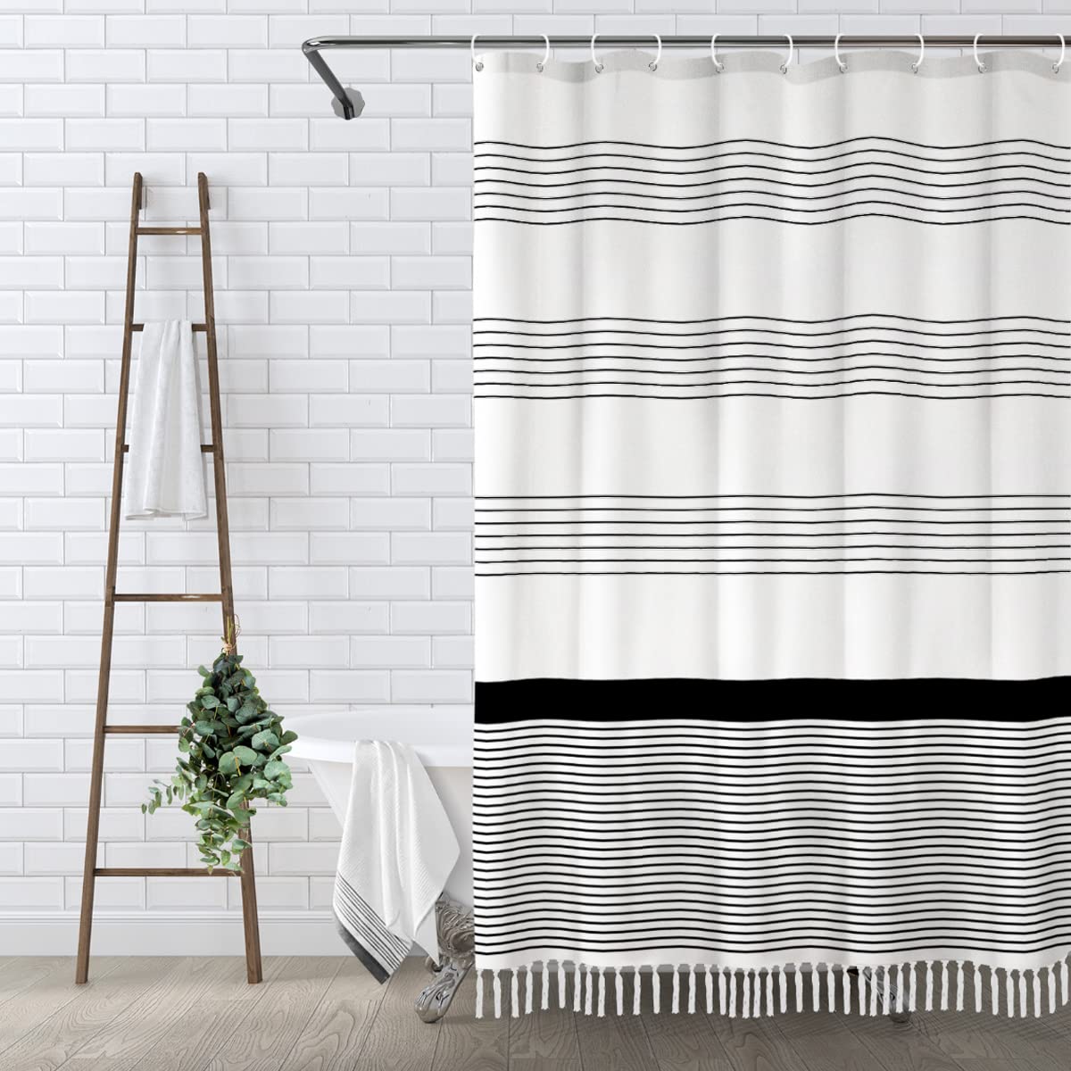 Awellife Black And White Shower Curtain For Bathroom Stripe Tassel Shower Curtain 72 X 72 Inches Farmhouse Linen