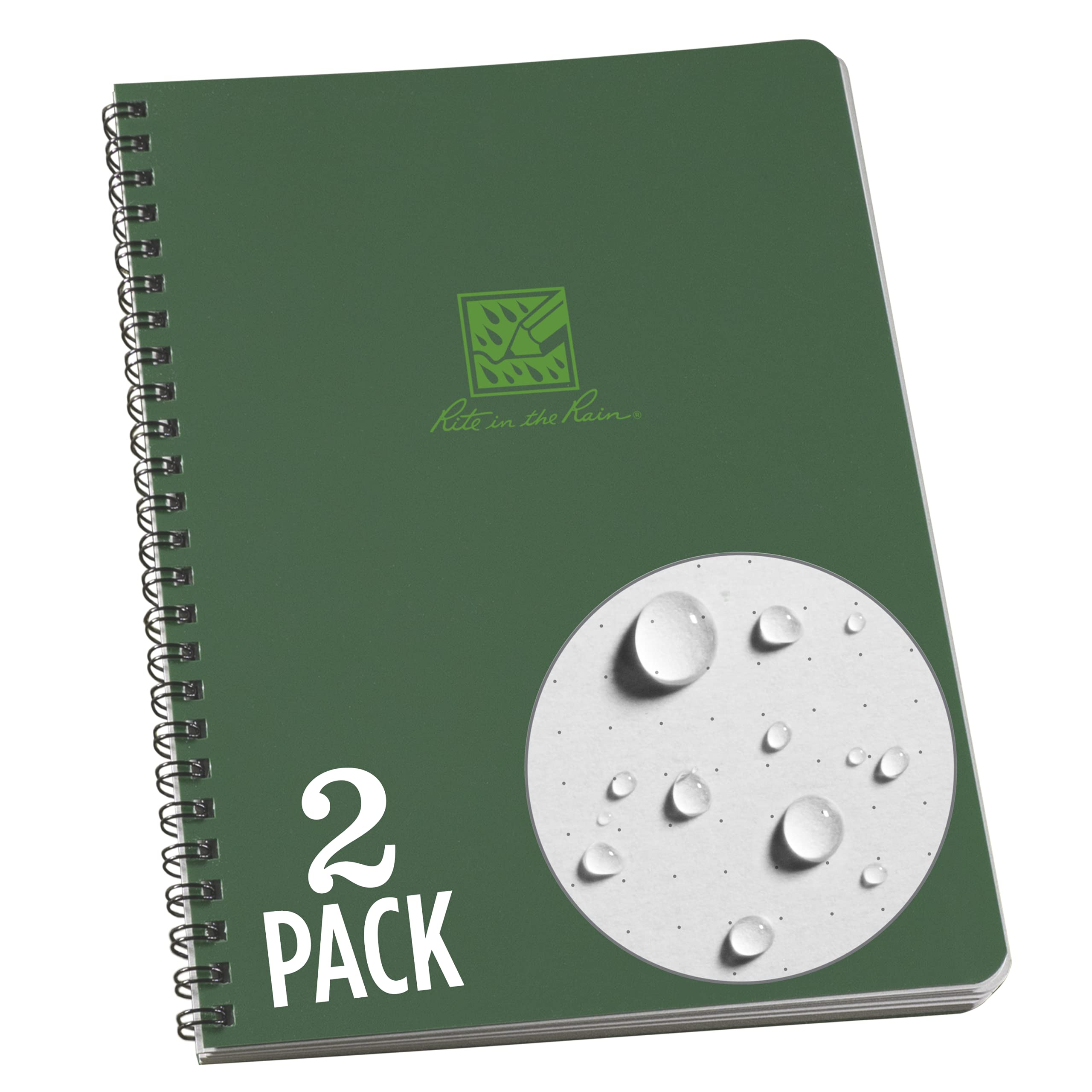 Rite In The Rain Weatherproof Side Spiral Notebook, 6.625' X 8.5', Green Cover, Dot Grid Pattern, 2 Pack (No. 973Dg-Lgl2)