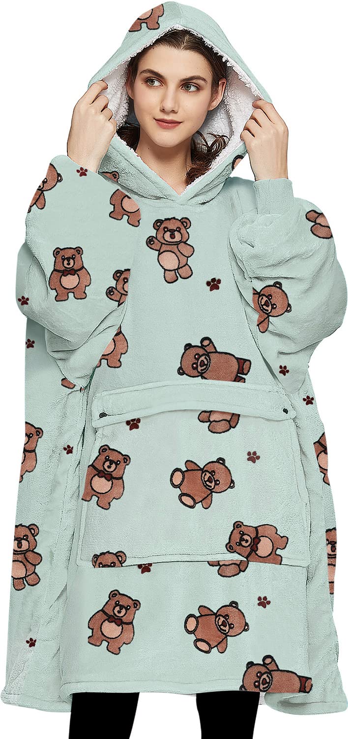 Kfubuo Wearable Blanket Hoodie For Adults Sherpa All Patterns Bear Oversized Sweatshirt Blanket With Pockets Cute Birthday Gifts