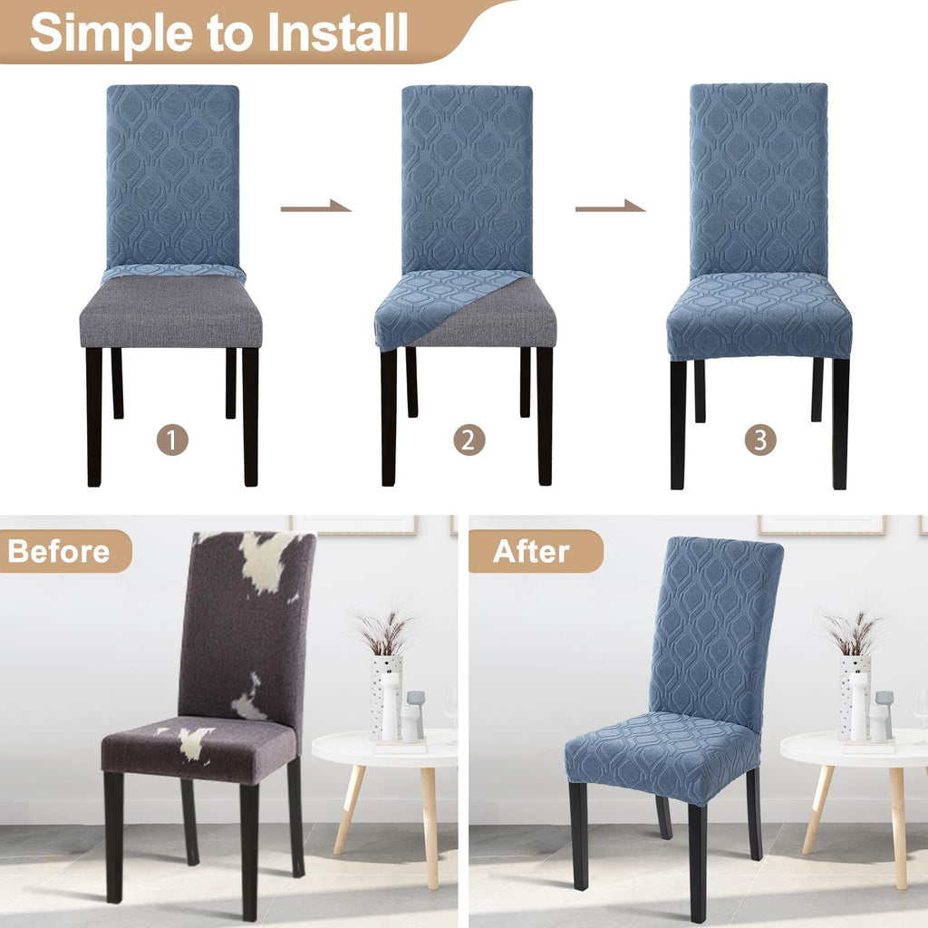 Searchi Dining Room Chair Covers Set Of 6, Stretch Jacquard Parsons Chair Slipcovers Spandex Removable Washable Kitchen Chair Protector Cover For Dining Room, Hotel, Ceremony (Gray-Blue Geometric)
