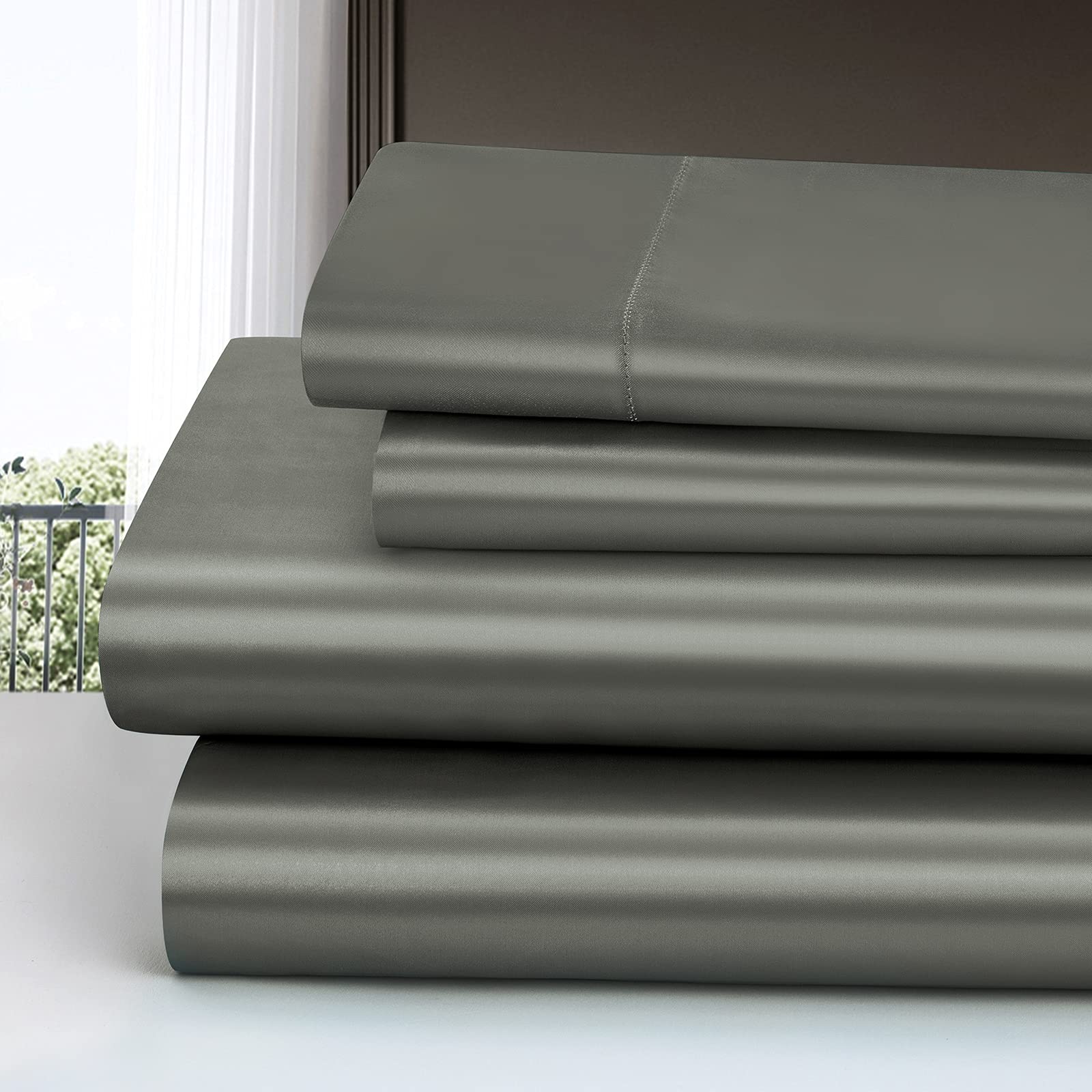 Homiest 4Pcs Satin Sheets Set Luxury Silky Satin Bedding Set With Deep Pocket, 1 Fitted Sheet + 1 Flat Sheet + 2 Pillowcases (King Size, Dark Grey)