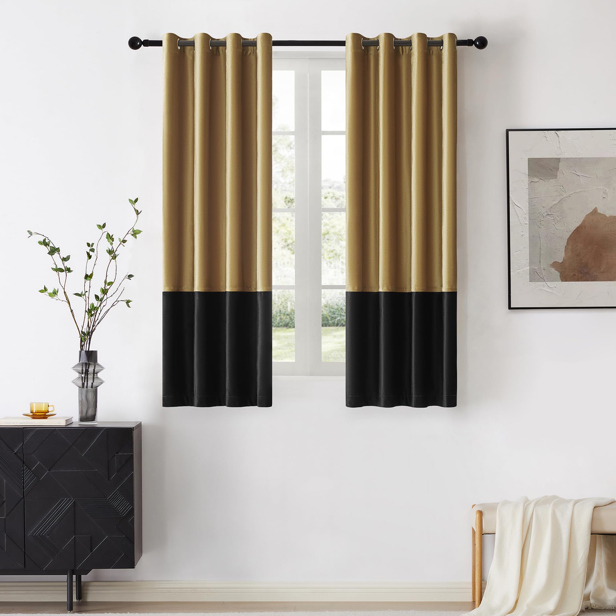 Bulbul Color Block Window Curtains Panels 63 Inches Long Gold Black Velvet Farmhouse Drapes For Bedroom Living Room Darkening Tr