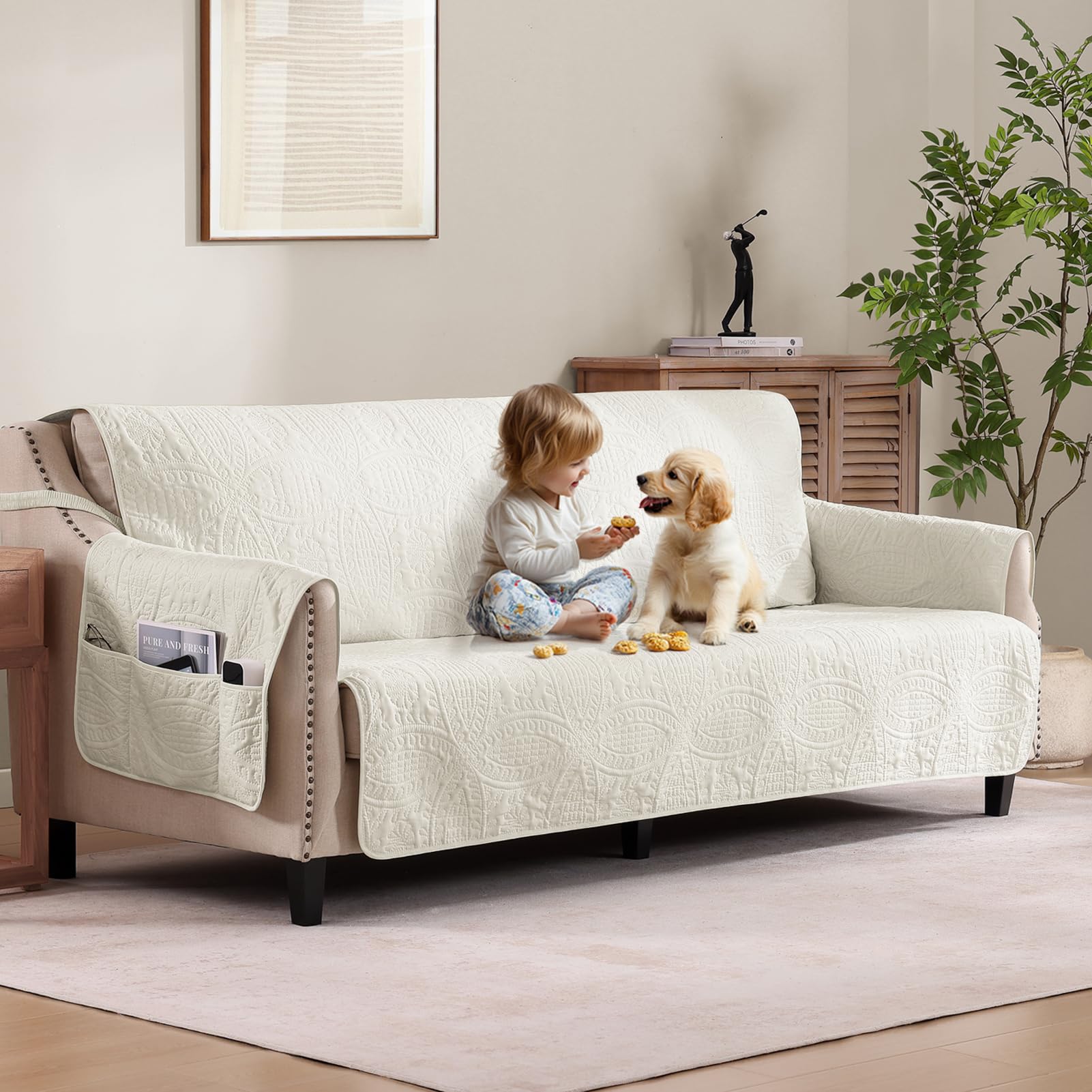 Soft Quilted Couch Cover with Pockets for Extra-Large Sofa, Anti-Slip Sofa Covers Washable for 3 Cushion Pet Friendly Medallion 