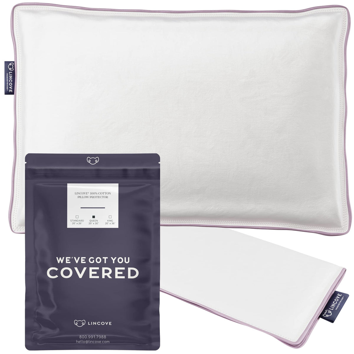 Lincove 100% Cotton Sateen Pillow Protector Cover - Zipper Pillow Cover - 500 Thread Count Luxury Cotton - Zippered Dust Pillow
