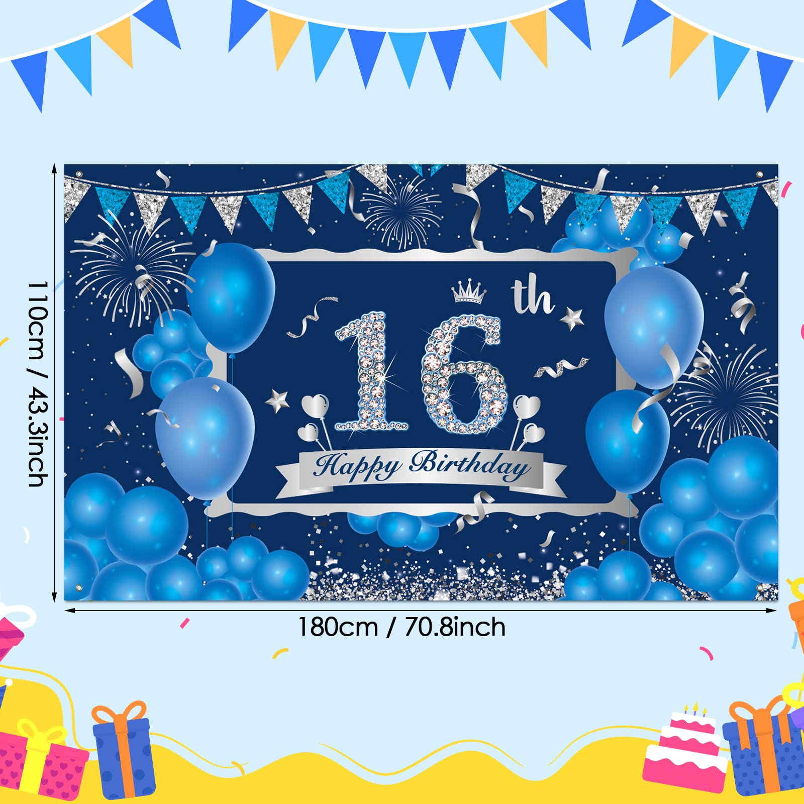 Blue Silver Happy 16Th Birthday Decorations For Boys Girls Blue Silver Happy 16Th Birthday Banner Blue Silver 16Th Birthday Part