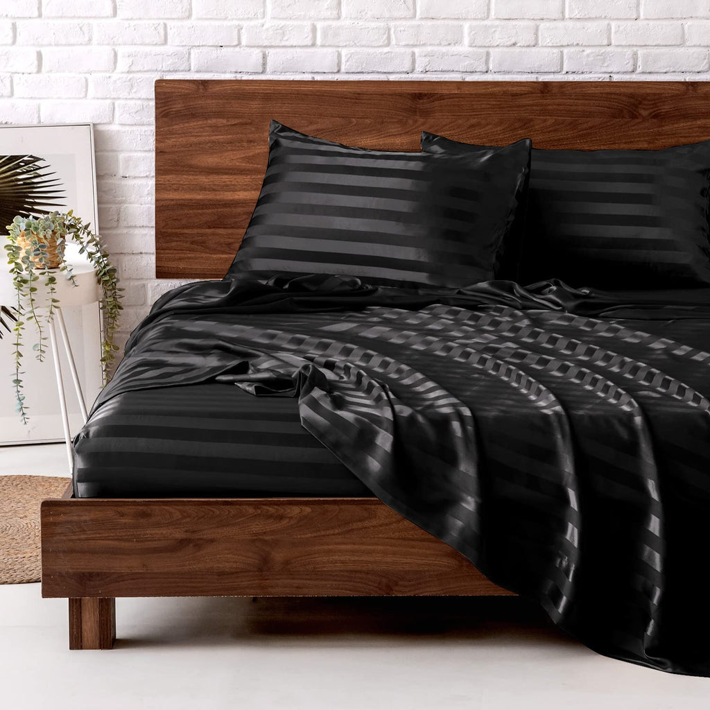 Mr&Hm Satin Bed Sheets, King Size Sheets Set, 4 Pcs Silky Bedding Set With 15 Inches Deep Pocket For Mattress(King, Black Stripe