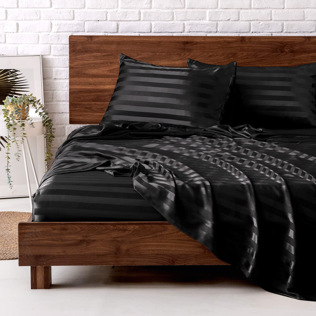 Mr&Hm Satin Bed Sheets, King Size Sheets Set, 4 Pcs Silky Bedding Set With 15 Inches Deep Pocket For Mattress(King, Black Stripe