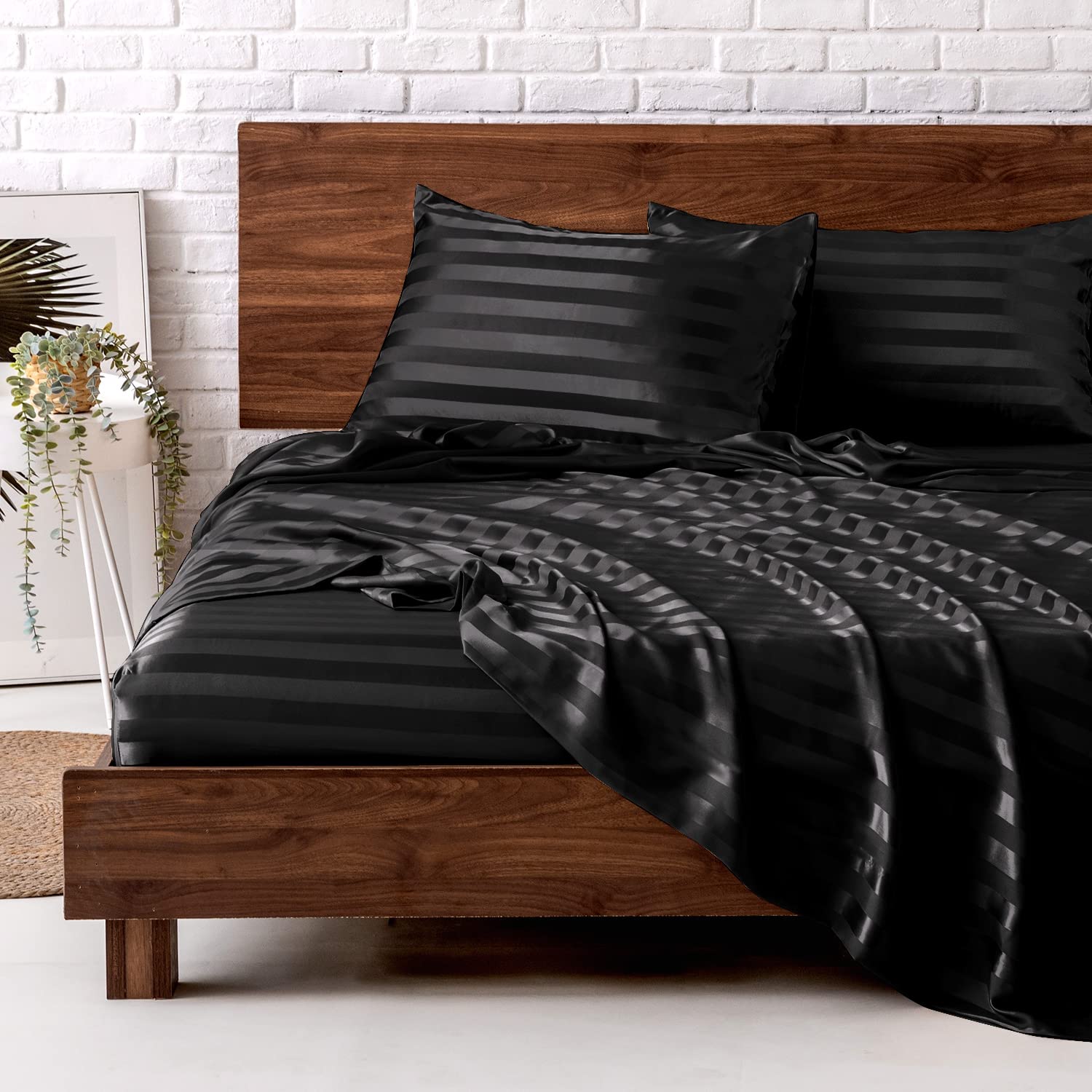 Mr&Hm Satin Bed Sheets, King Size Sheets Set, 4 Pcs Silky Bedding Set With 15 Inches Deep Pocket For Mattress(King, Black Stripe