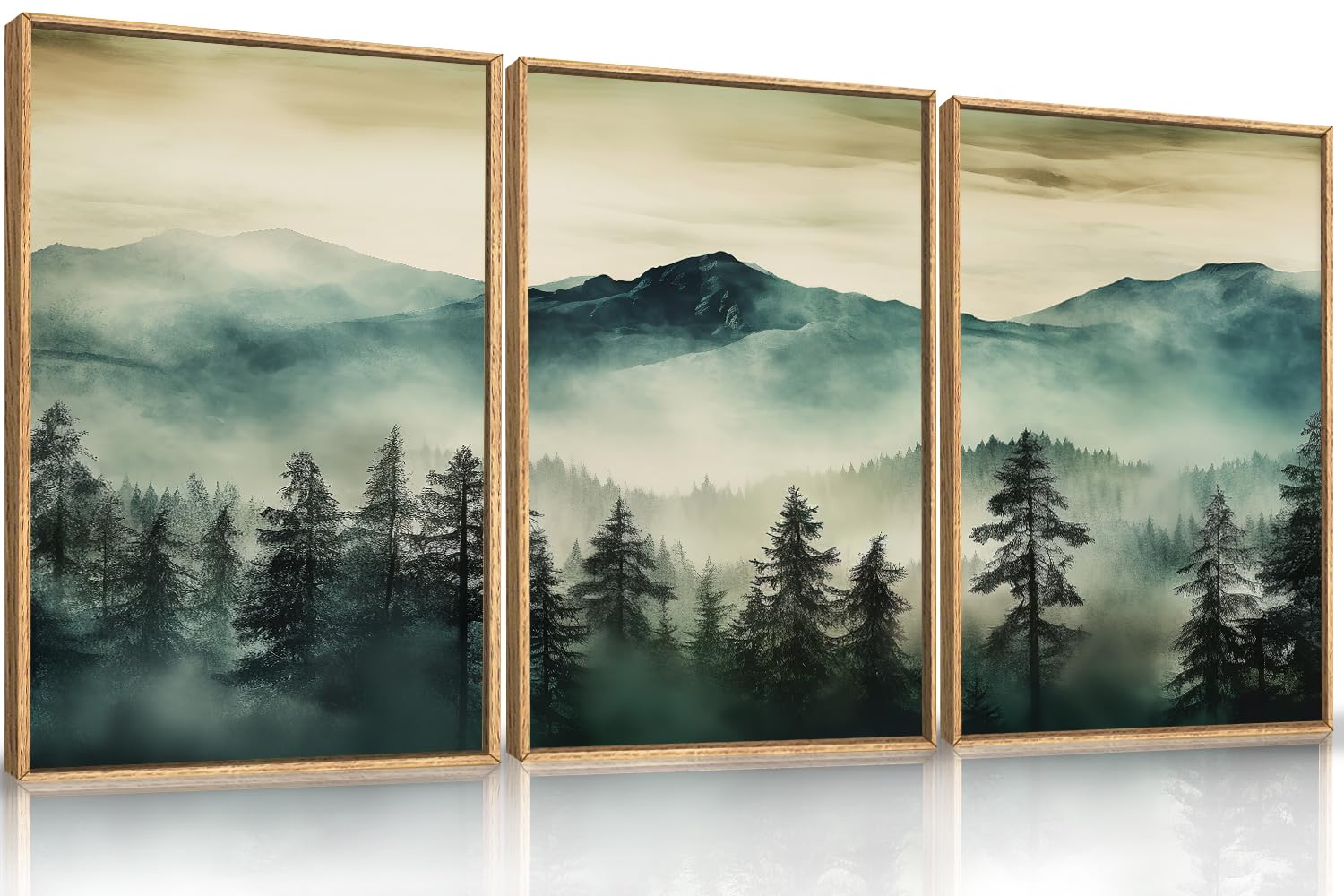 HOURIA Large Boho Mountain Framed Canvas Wall Art Set,Green Foggy Forest Wall Decor,Watercolor Pine Tree Landscape Wall Painting