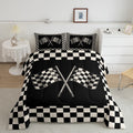 Black White Geometry Comforter Set Queen Size Racing Car Bedding Set For Kids Boys Girls Bedroom Decoration Checkered Squares Be