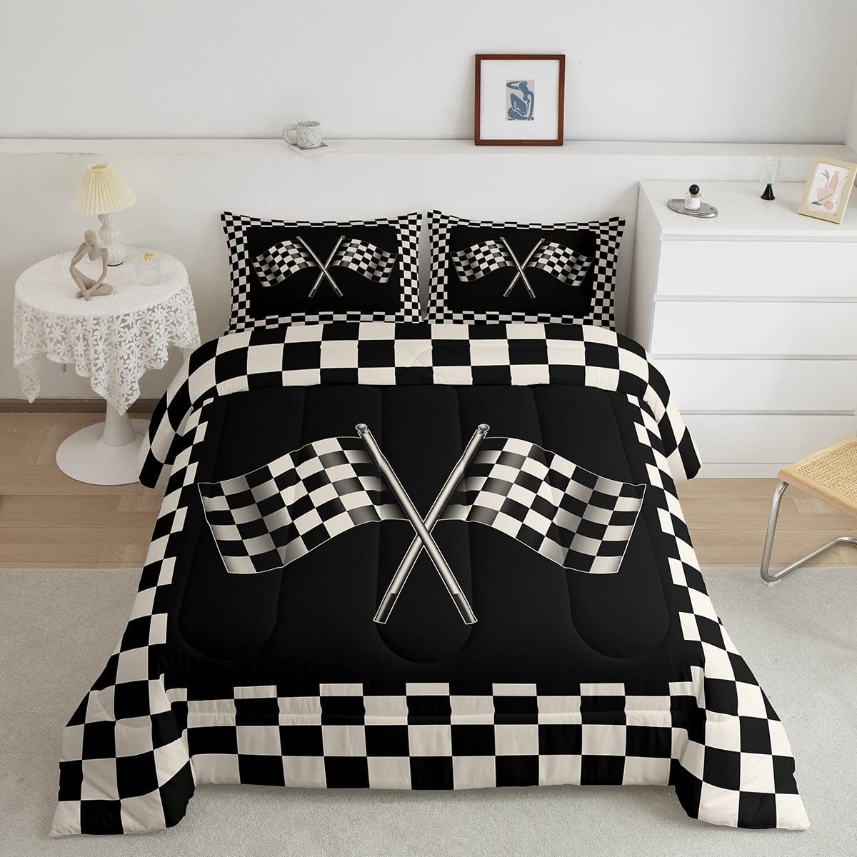 Black White Geometry Comforter Set Queen Size Racing Car Bedding Set For Kids Boys Girls Bedroom Decoration Checkered Squares Be