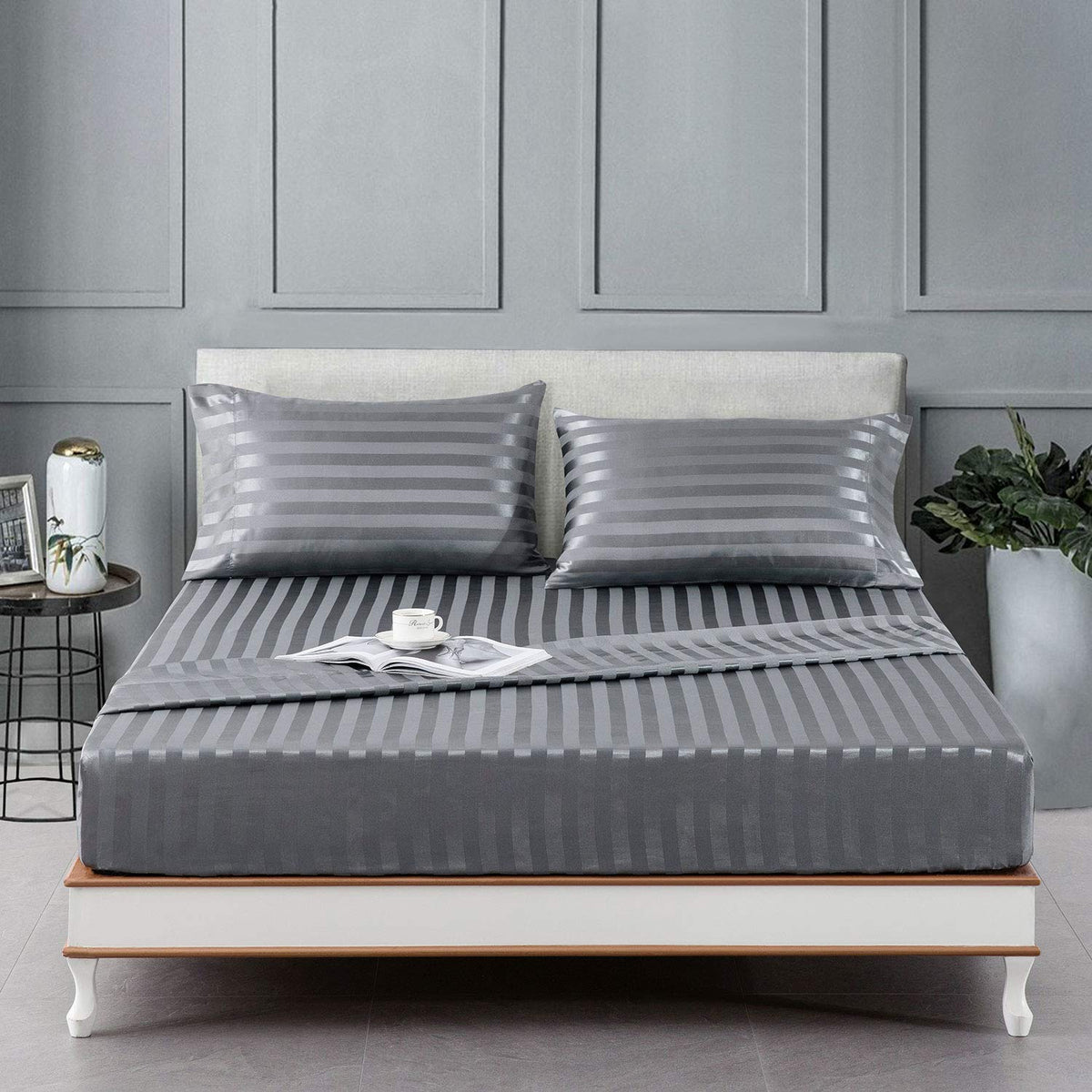 Lanest Housing Satin-Silk Sheets King Size Bed Set, Dark Grey Soft Cooling Deep Pocket King Sheets, Hypoallergenic, Wrinkle And