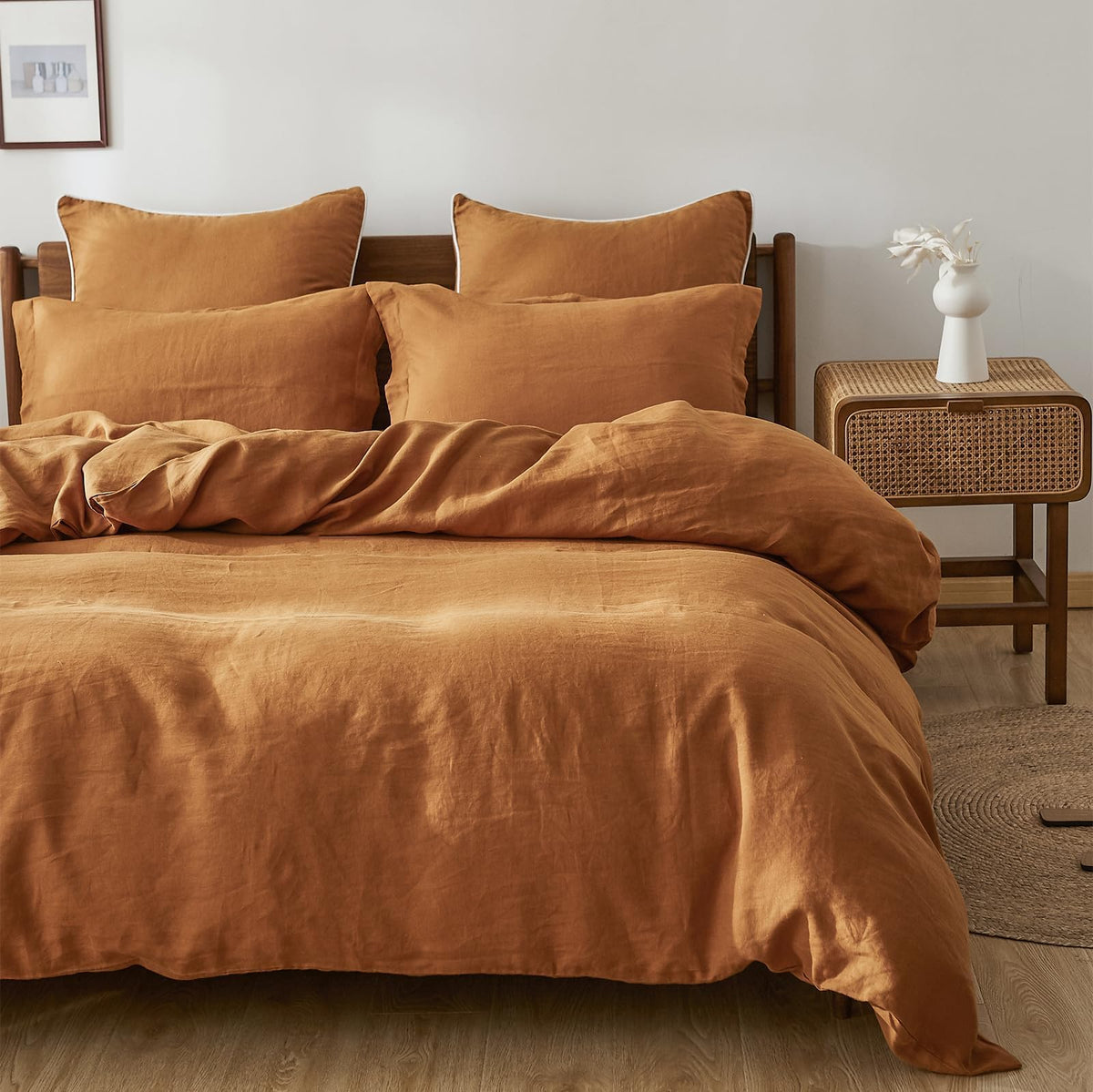 Simple&Opulence 100% Linen Duvet Cover Set, 3 Pcs Natural French Flax Rust Duvet Cover Queen Size, Breathable Soft Comfy Linen B