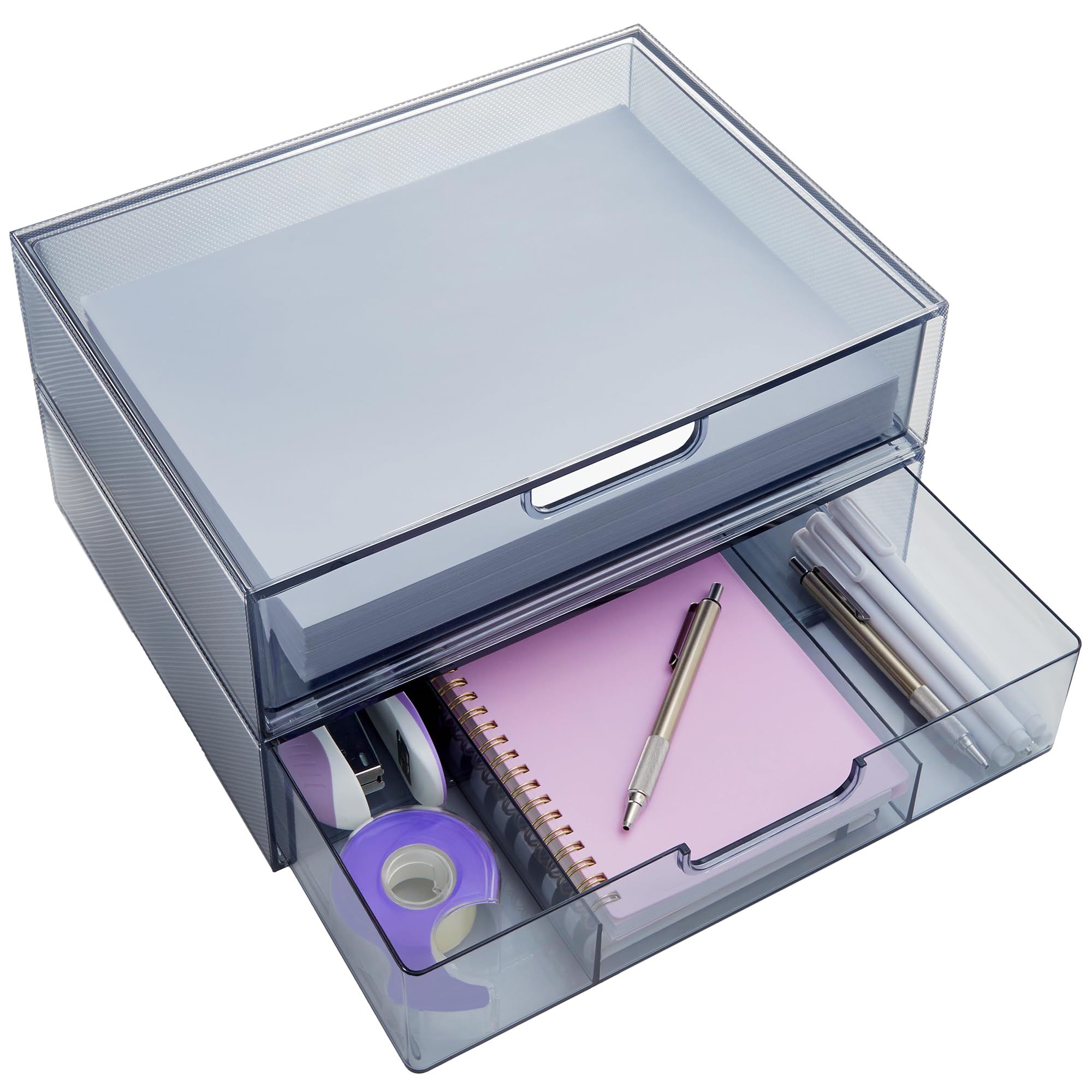 Stori Stax Plastic Stackable Organizer Drawers (Set Of 2) Classic Grey | 12.5' Wide | Set Includes One Open Drawer & One Divide