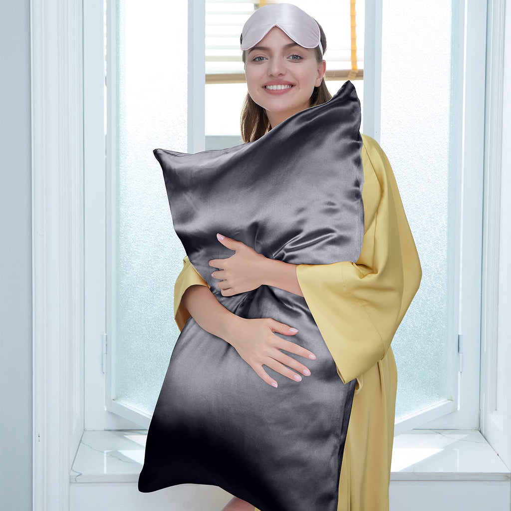 J Jimoo 100% Mulberry Silk Pillowcase For Hair And Skin, Both Sides 19 Momme Pure Natural Silk Pillowcases Soft Breathable King 20''×36'', Dark Grey 1 Pack