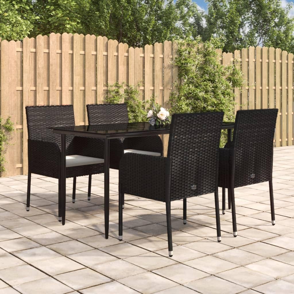 vidaXL 5 Piece Patio Lounge Dining Set - Black PE Rattan, Cream White Cushions, Sturdy Steel Frame, Tempered Glass Tabletop, Rectangular Table