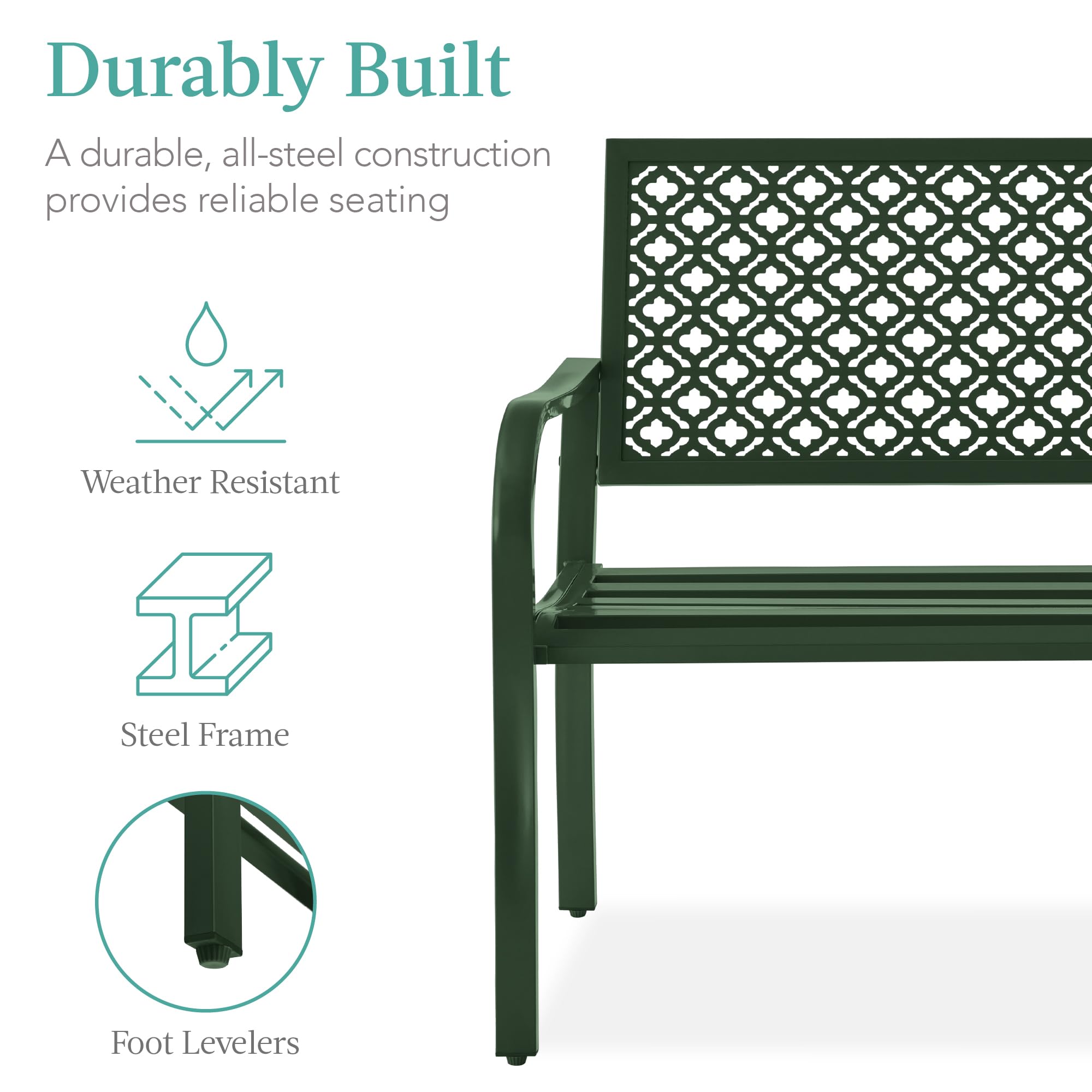 Best Choice Products Outdoor Bench 2-Person Metal Steel Benches Furniture For Garden, Patio, Porch, Entryway W/Geometric Backrest, 790Lb Capacity - Dark Green
